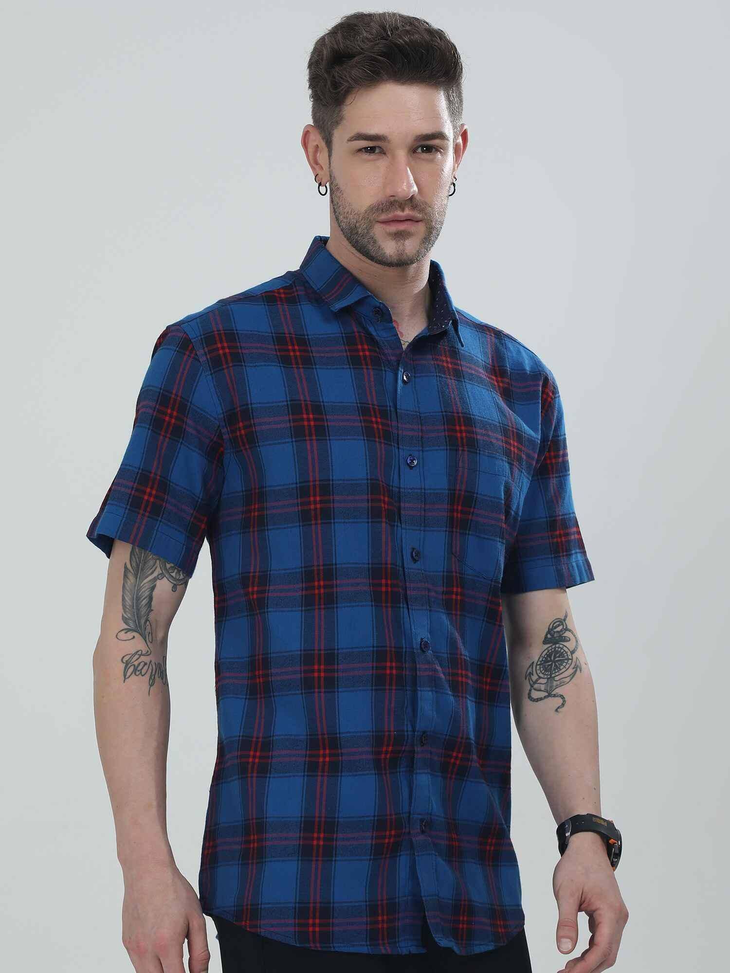 Blue Checkered Half Shirt - Guniaa Fashions