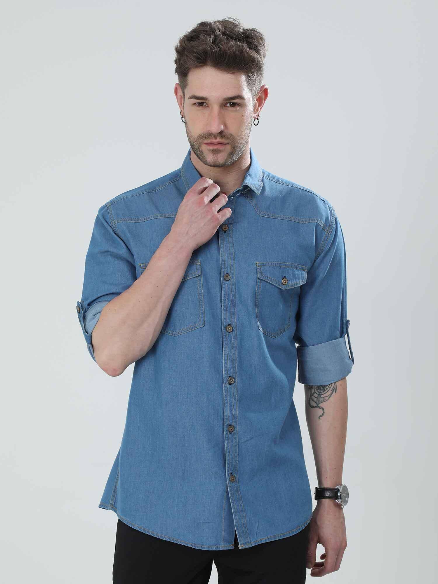 Blue Denim Double Pocket Full Sleeve Shirt - Guniaa Fashions