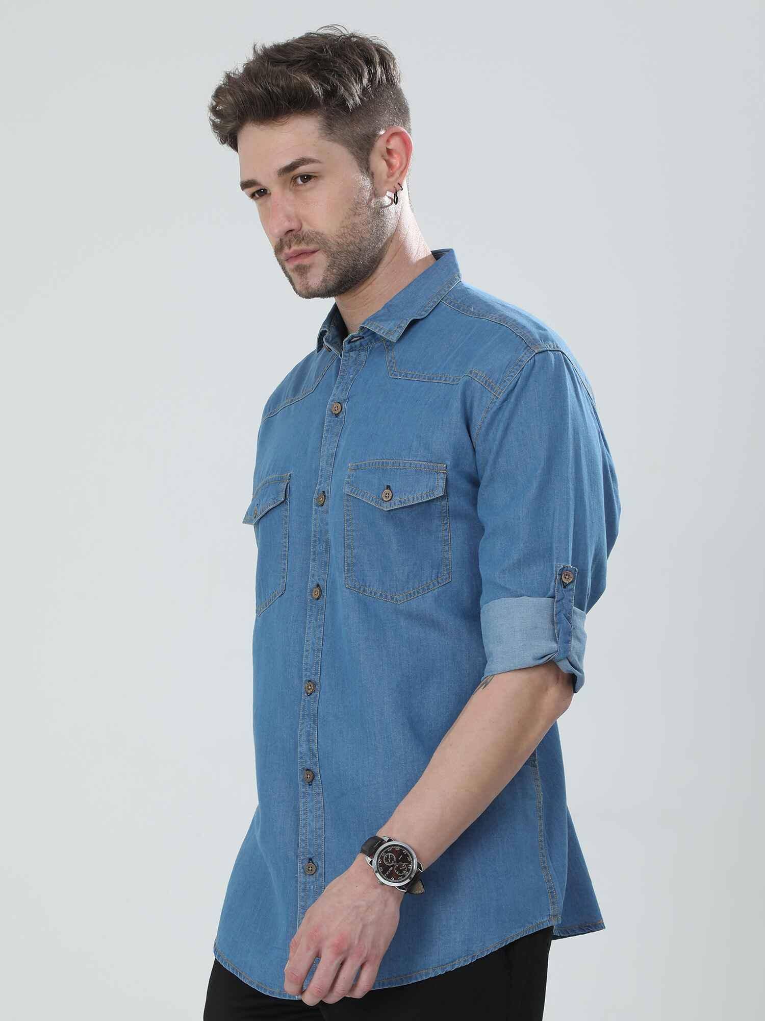 Blue Denim Double Pocket Full Sleeve Shirt - Guniaa Fashions