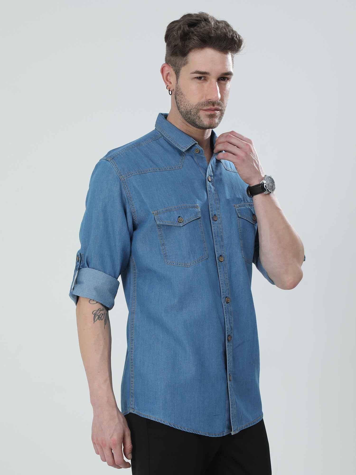 Blue Denim Double Pocket Full Sleeve Shirt - Guniaa Fashions