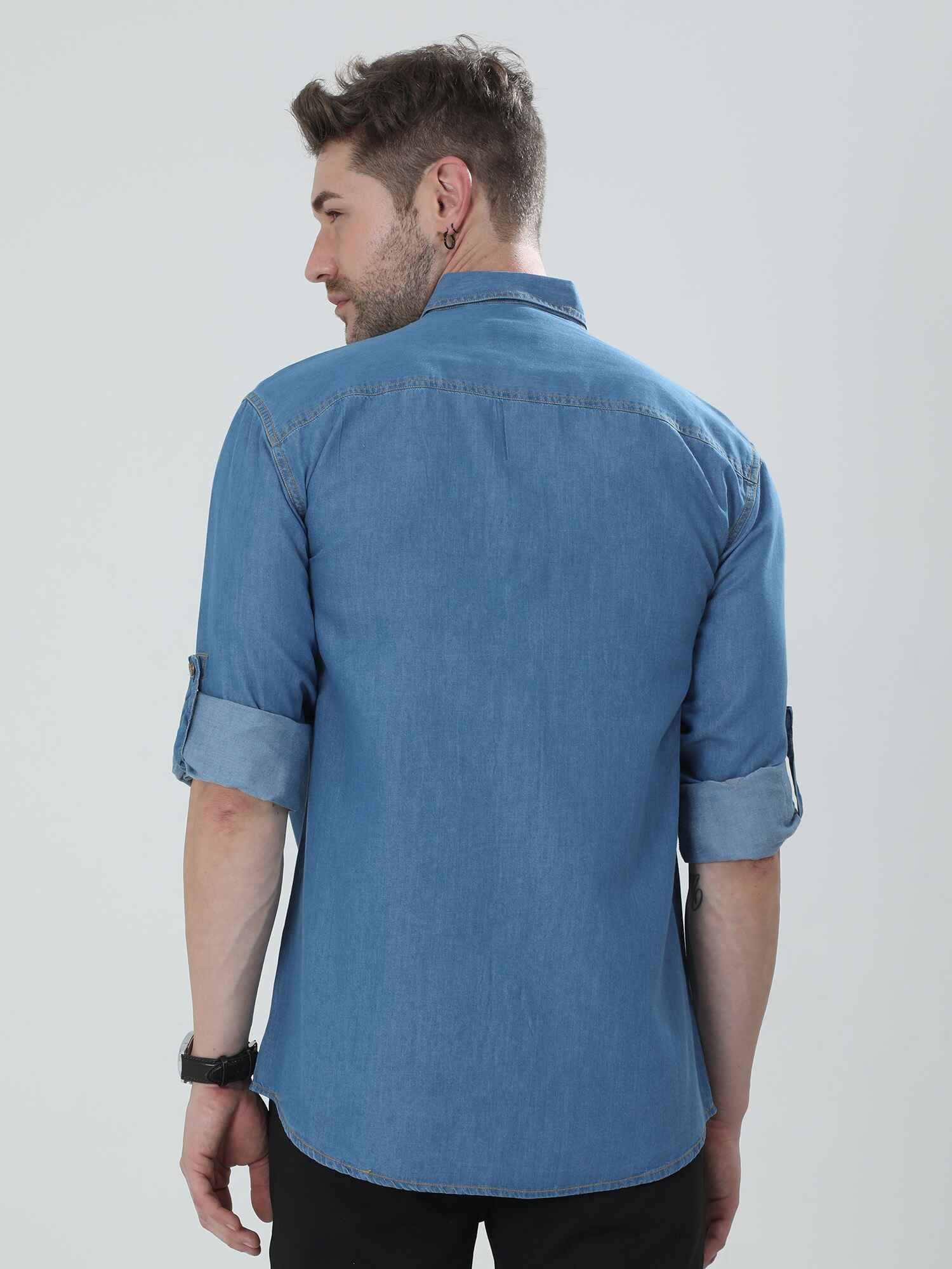 Blue Denim Double Pocket Full Sleeve Shirt - Guniaa Fashions
