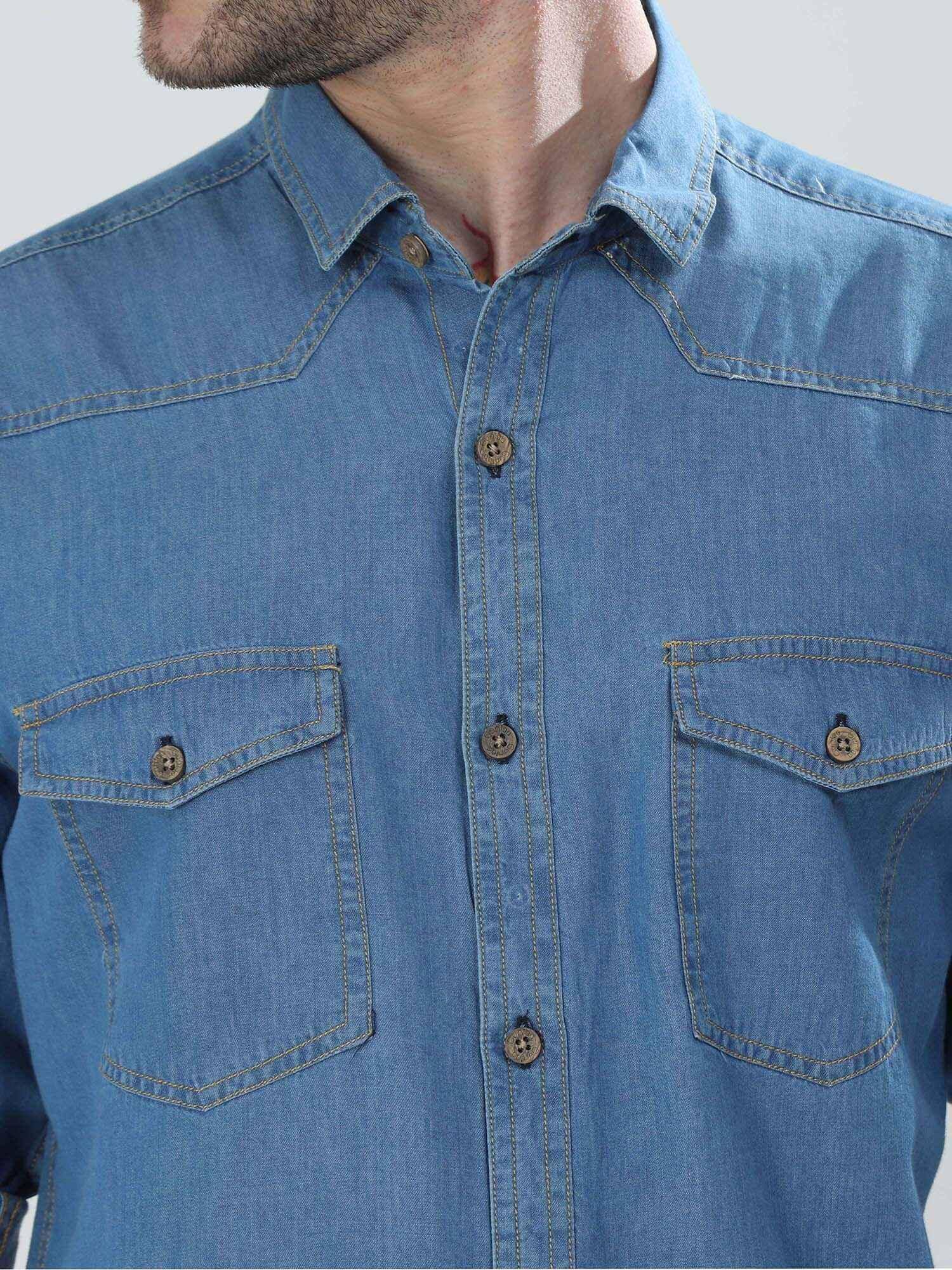 Blue Denim Double Pocket Full Sleeve Shirt - Guniaa Fashions