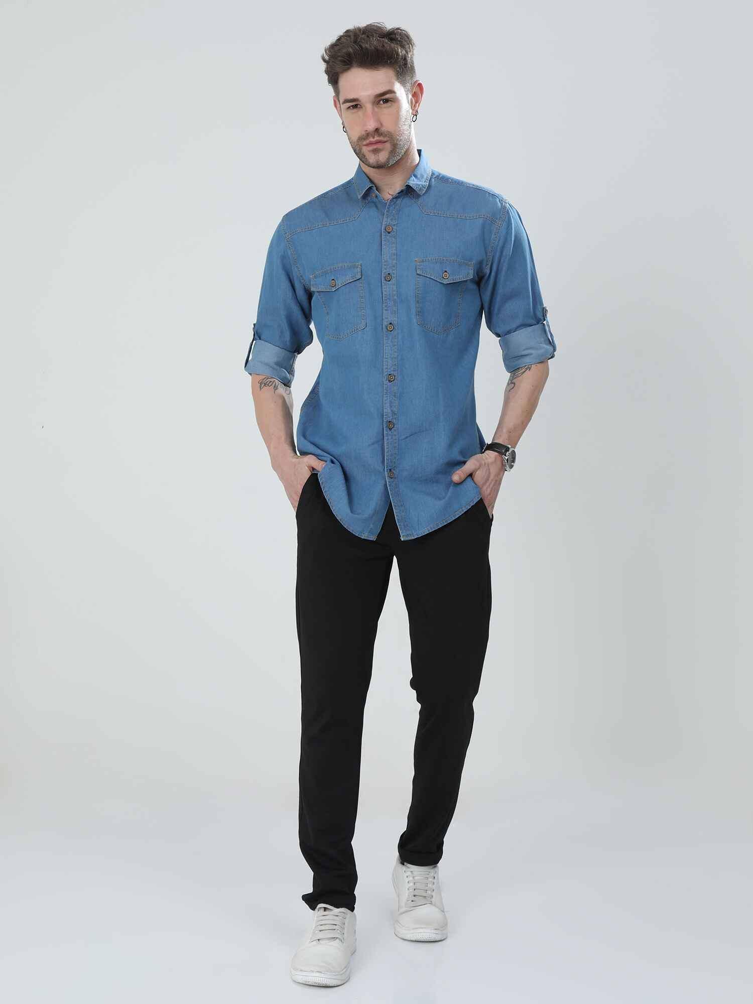 Blue Denim Double Pocket Full Sleeve Shirt - Guniaa Fashions