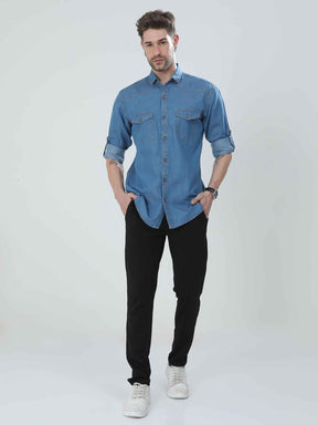 Blue Denim Double Pocket Full Sleeve Shirt - Guniaa Fashions