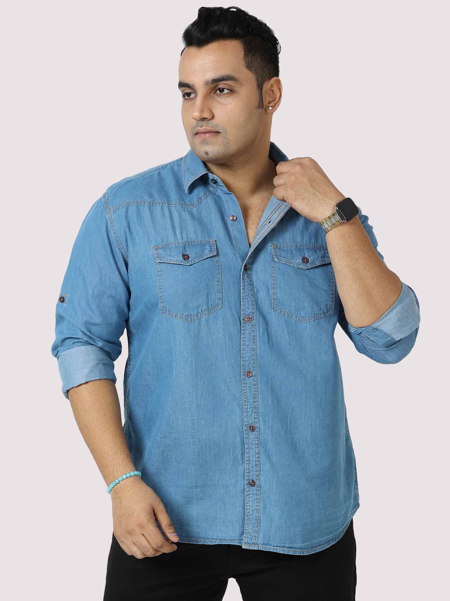 Blue Denim Double Pocket Full Sleeve Shirt Men's Plus Size - Guniaa Fashions