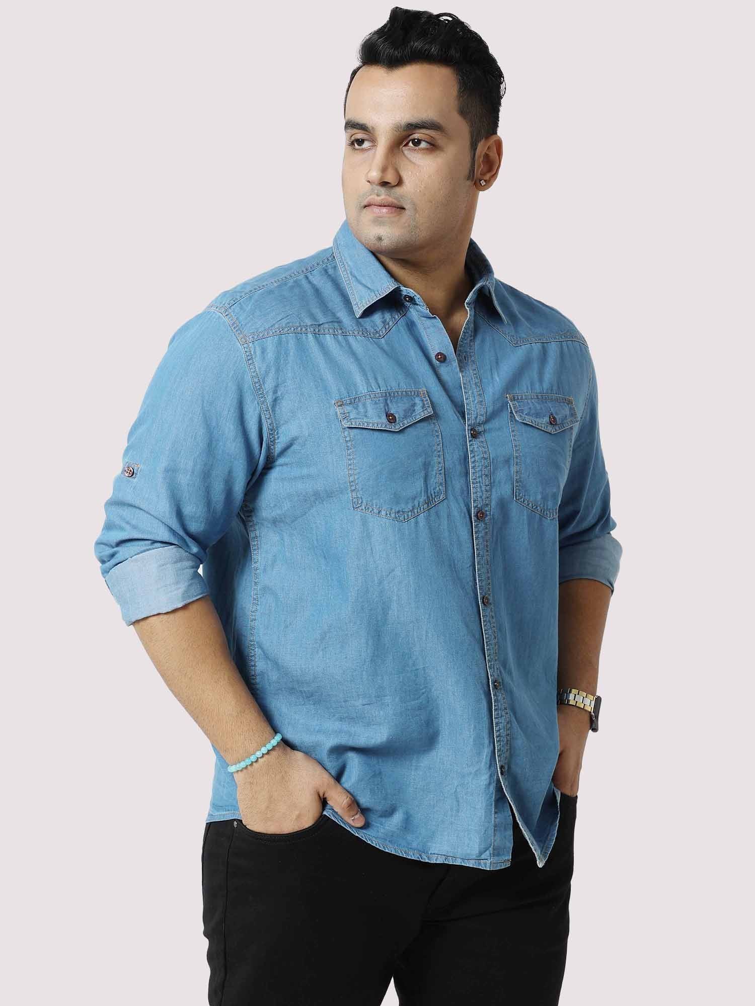 Blue Denim Double Pocket Full Sleeve Shirt Men's Plus Size - Guniaa Fashions