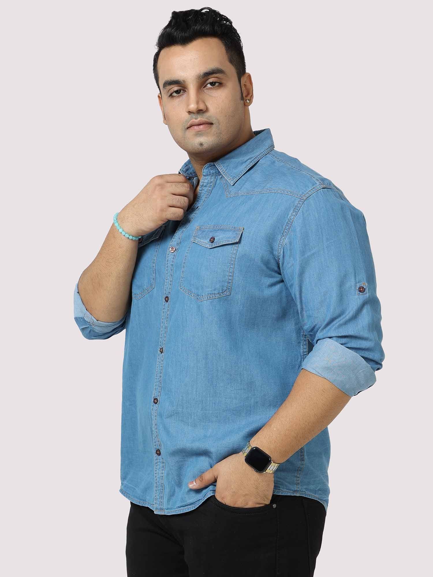 Blue Denim Double Pocket Full Sleeve Shirt Men's Plus Size - Guniaa Fashions