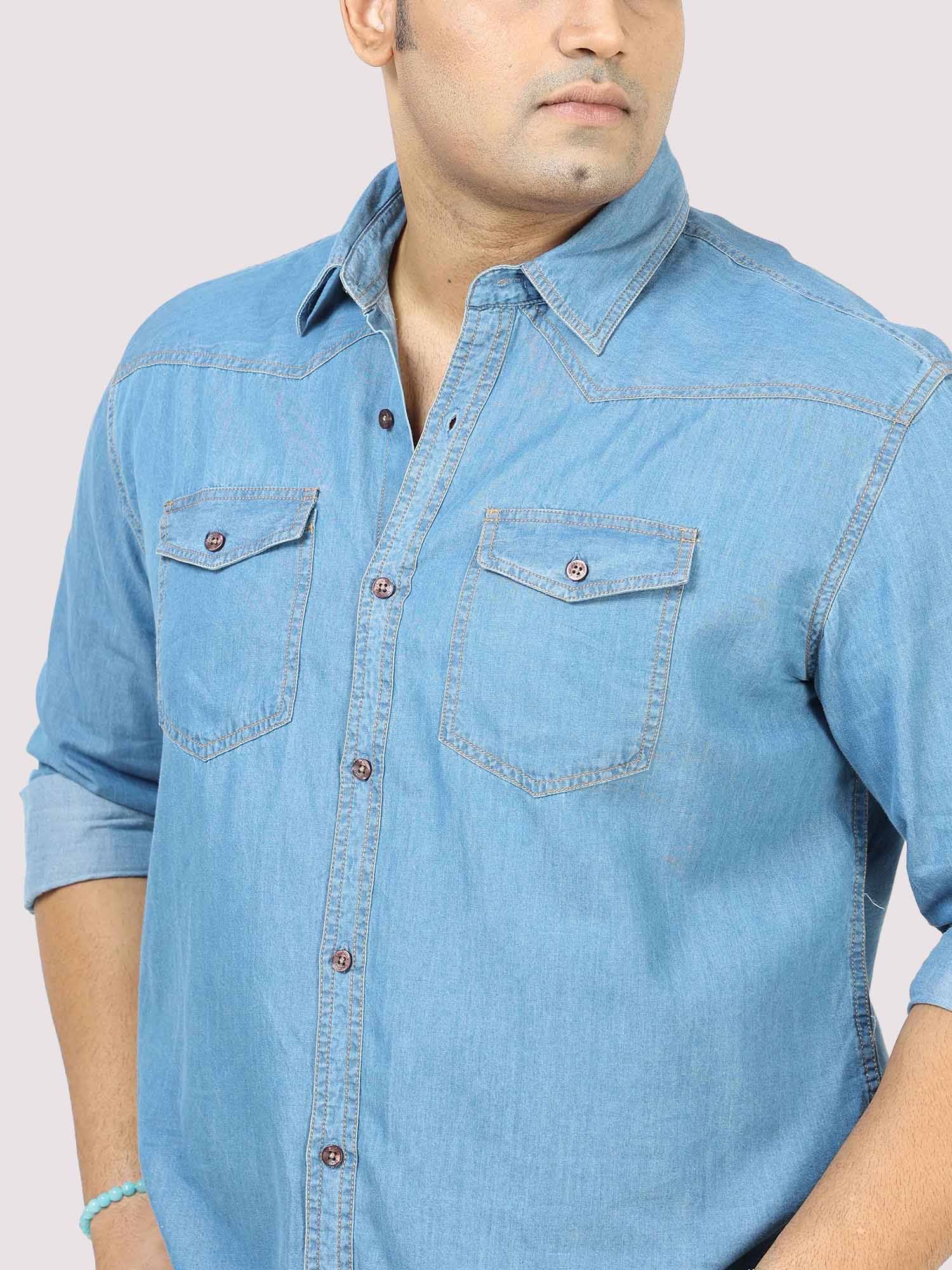 Blue Denim Double Pocket Full Sleeve Shirt Men's Plus Size - Guniaa Fashions