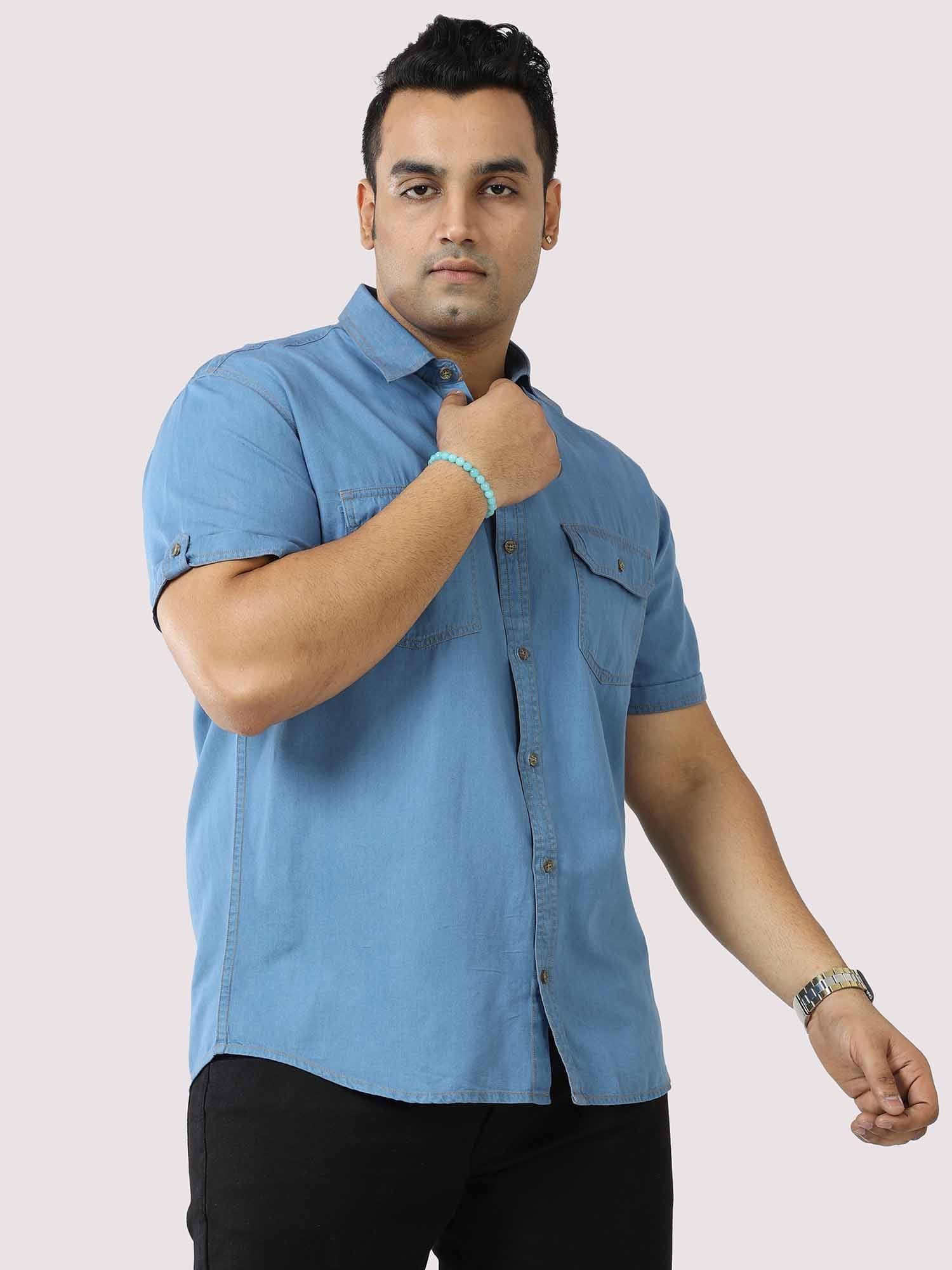 Blue Denim Double Pocket Half Sleeve Shirt Men's Plus Size - Guniaa Fashions