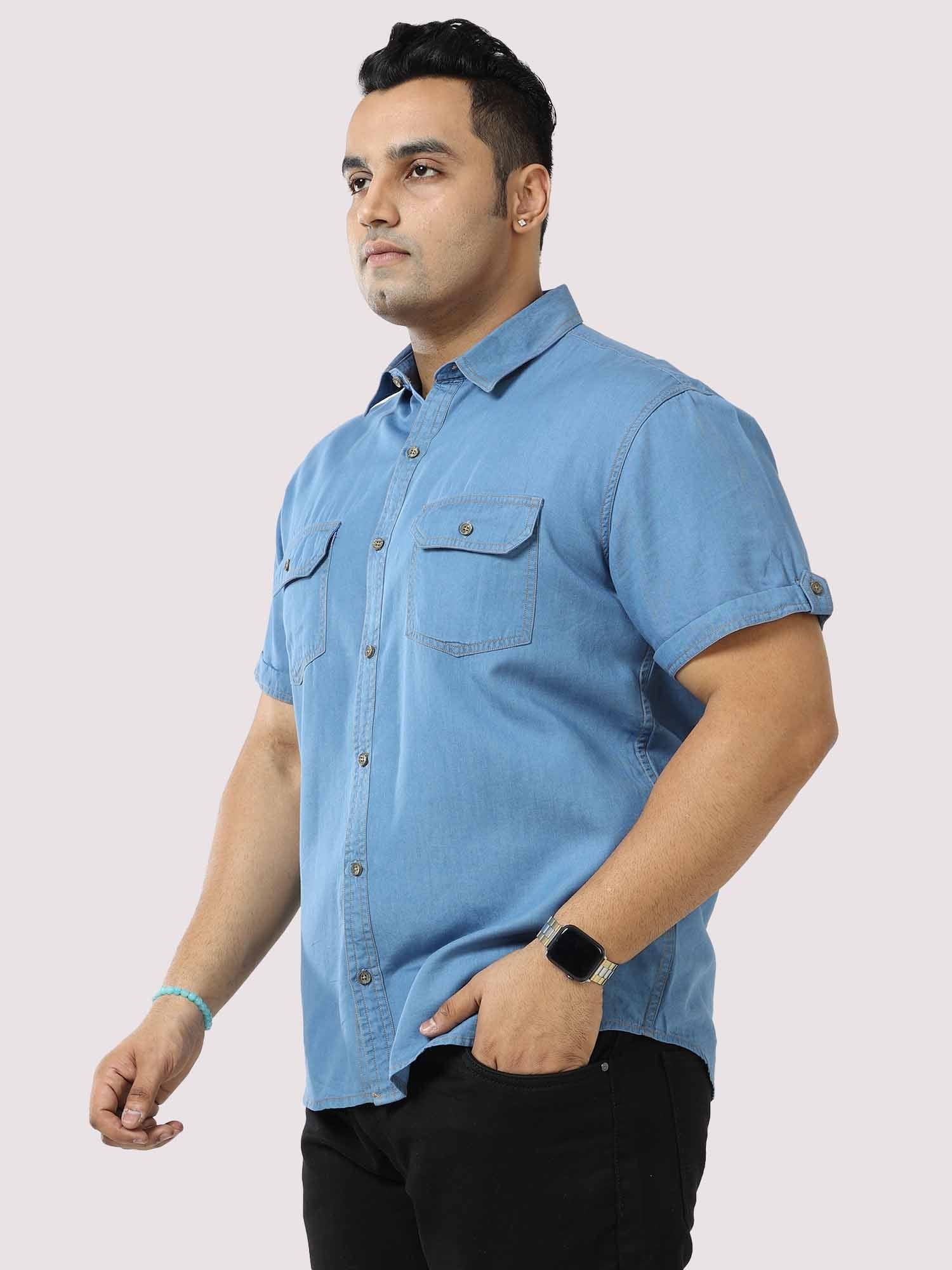 Blue Denim Double Pocket Half Sleeve Shirt Men's Plus Size - Guniaa Fashions