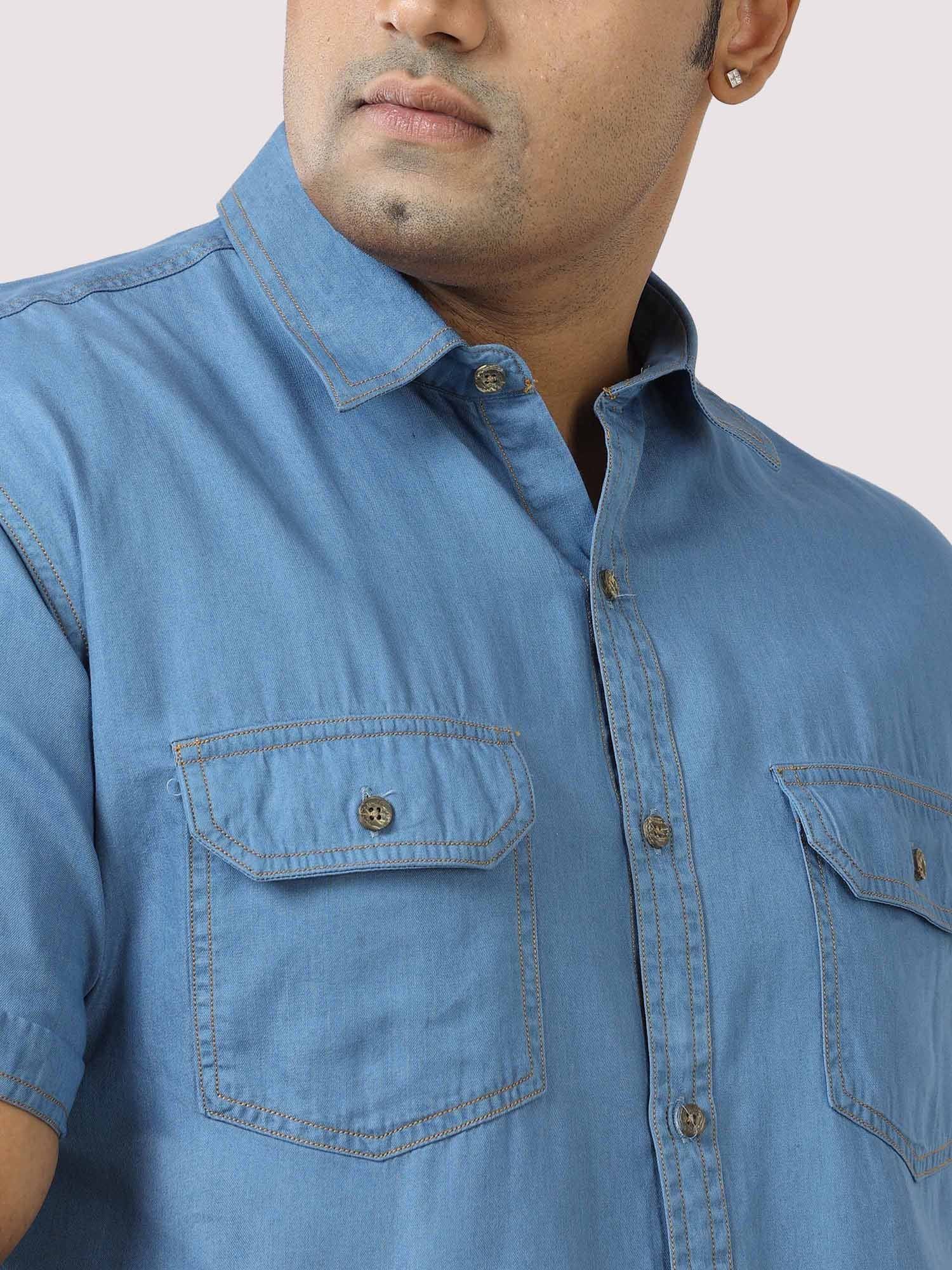 Blue Denim Double Pocket Half Sleeve Shirt Men's Plus Size - Guniaa Fashions