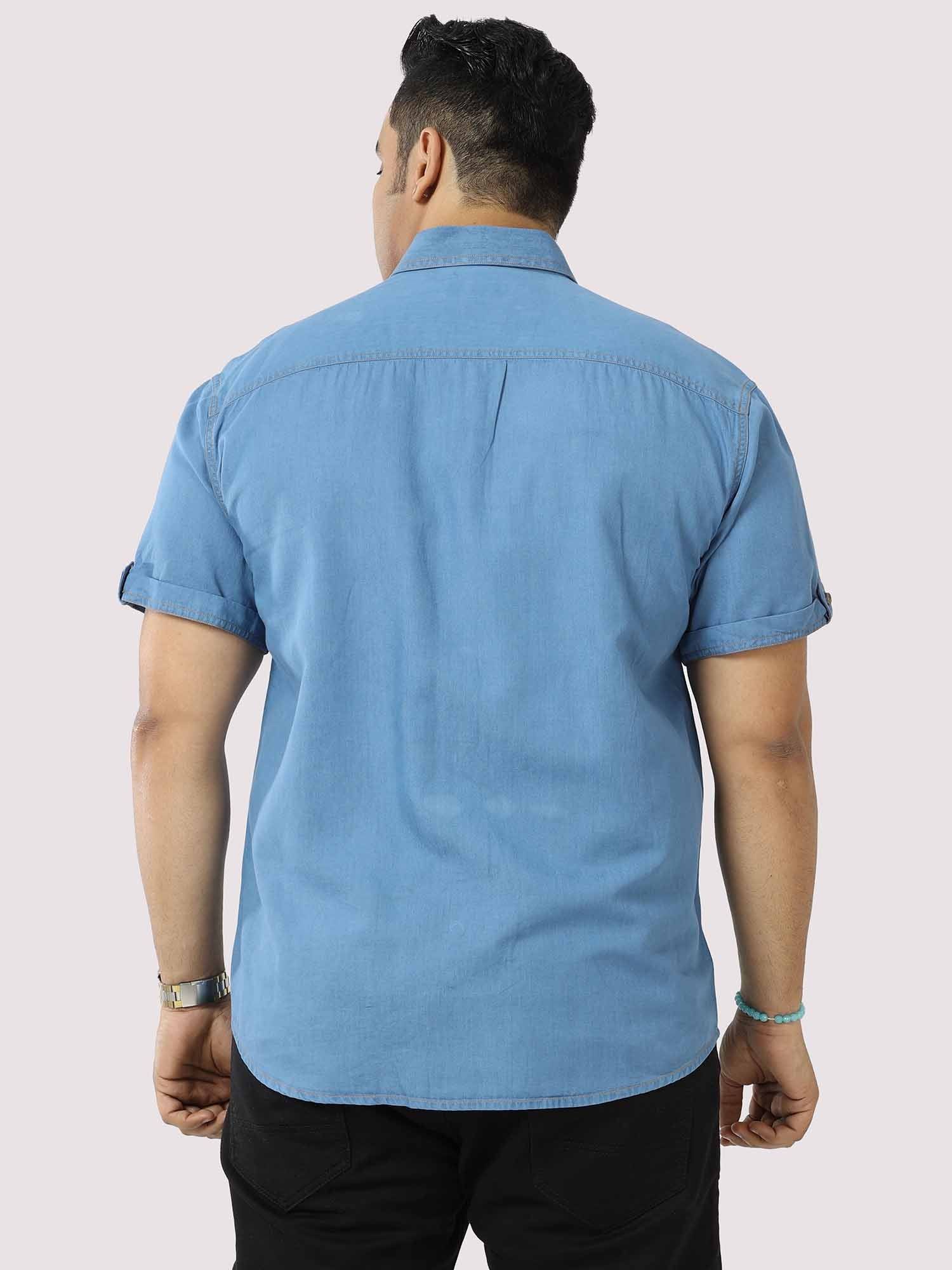 Blue Denim Double Pocket Half Sleeve Shirt Men's Plus Size - Guniaa Fashions