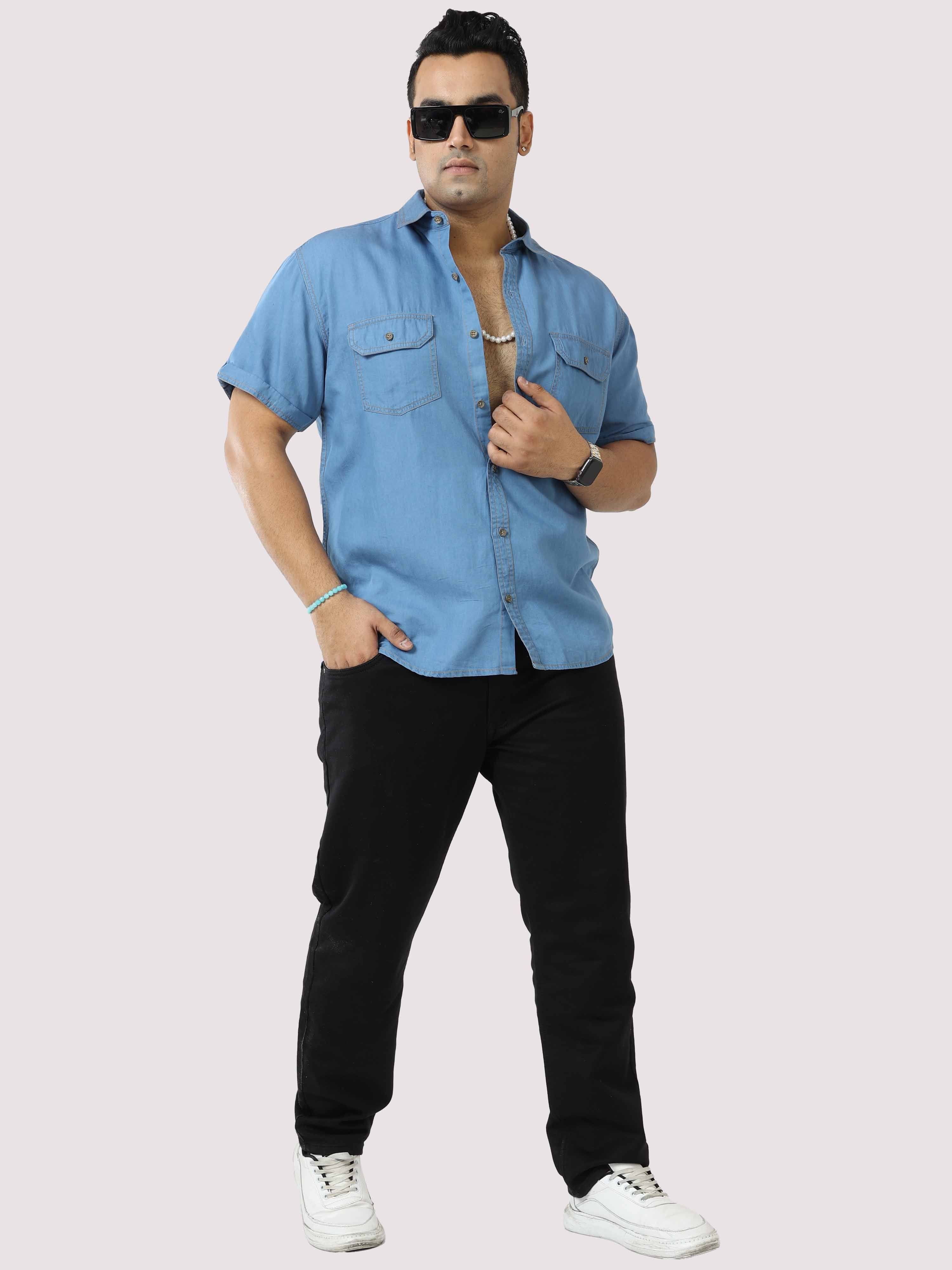 Blue Denim Double Pocket Half Sleeve Shirt Men's Plus Size - Guniaa Fashions