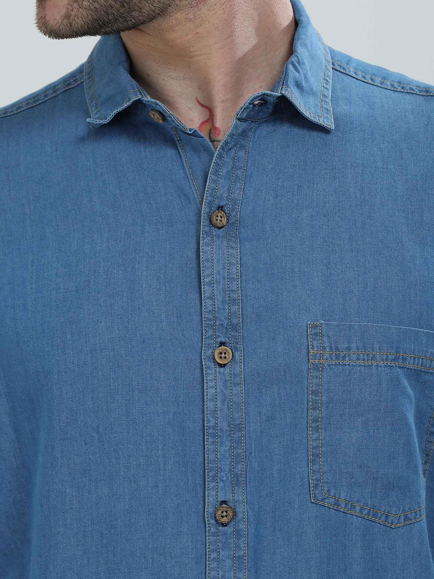 Blue Denim Single Pocket Full Sleeve Shirt - Guniaa Fashions