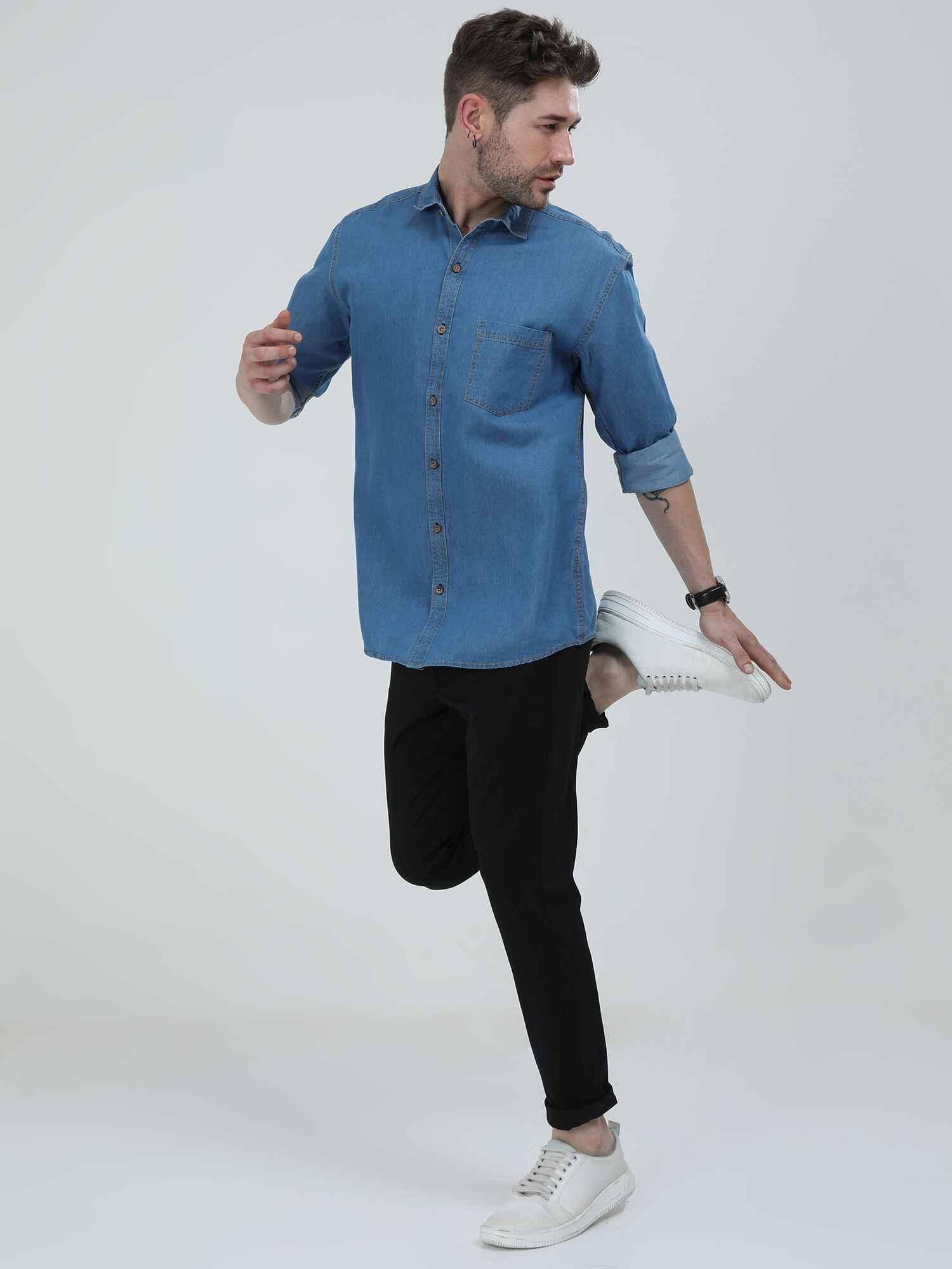 Blue Denim Single Pocket Full Sleeve Shirt - Guniaa Fashions