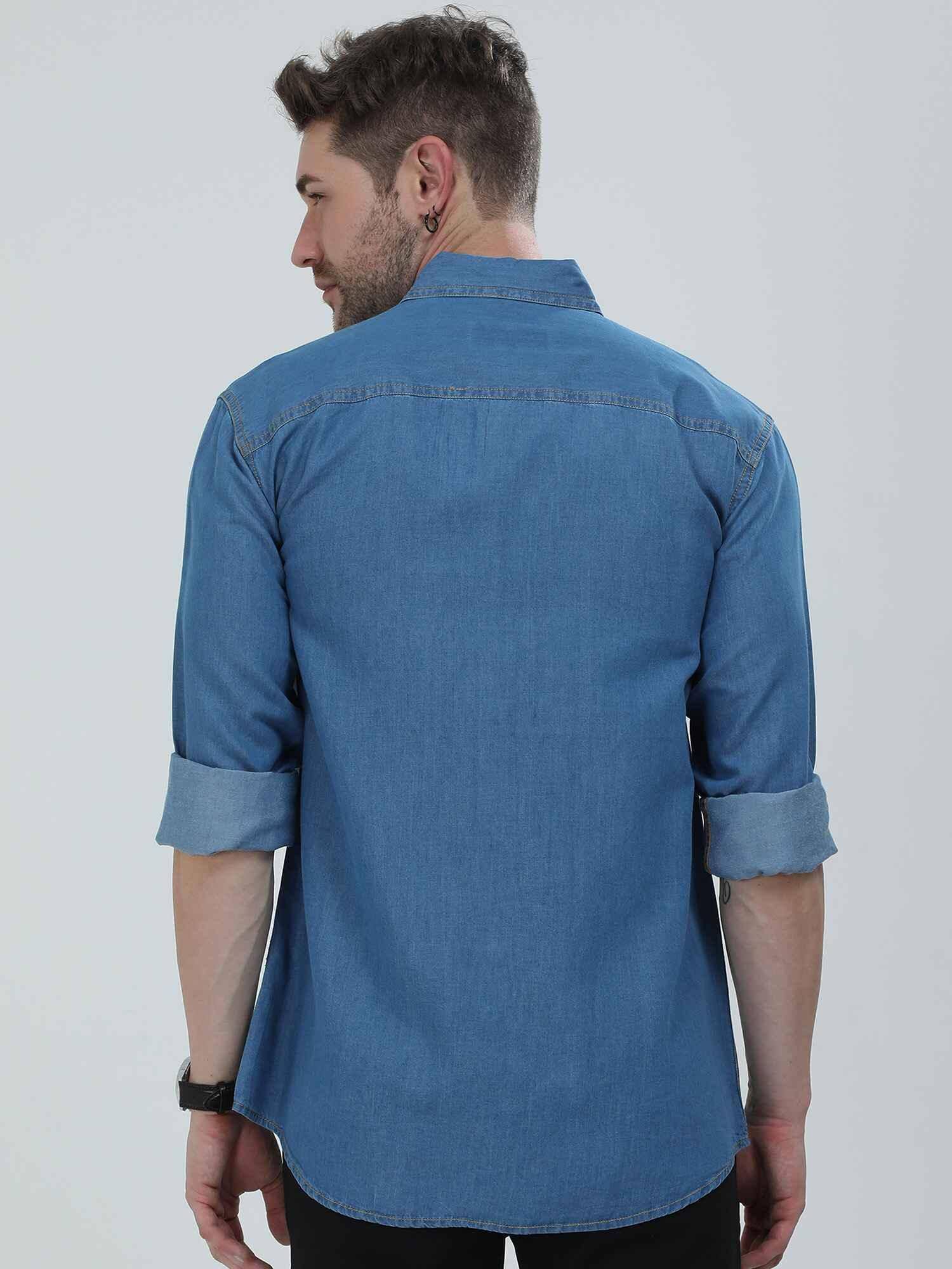 Blue Denim Single Pocket Full Sleeve Shirt - Guniaa Fashions