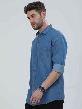 Blue Denim Single Pocket Full Sleeve Shirt - Guniaa Fashions