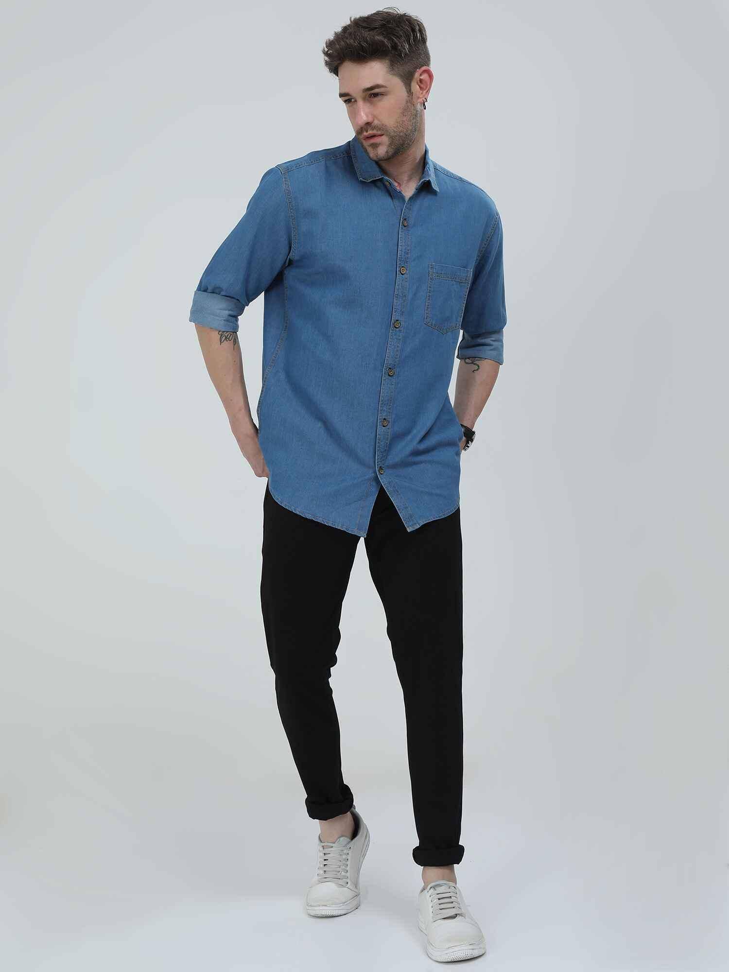 Blue Denim Single Pocket Full Sleeve Shirt - Guniaa Fashions