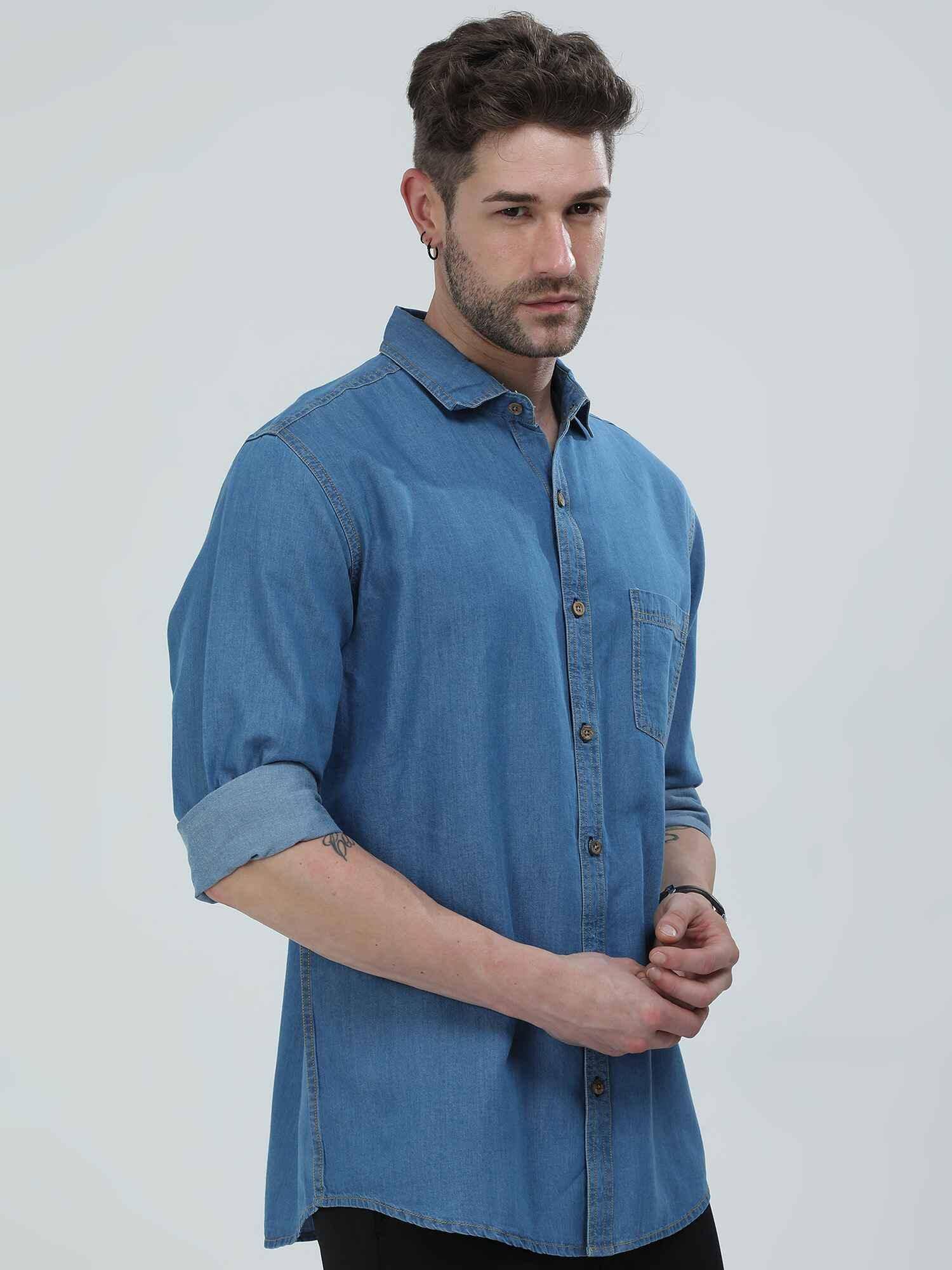 Blue Denim Single Pocket Full Sleeve Shirt - Guniaa Fashions