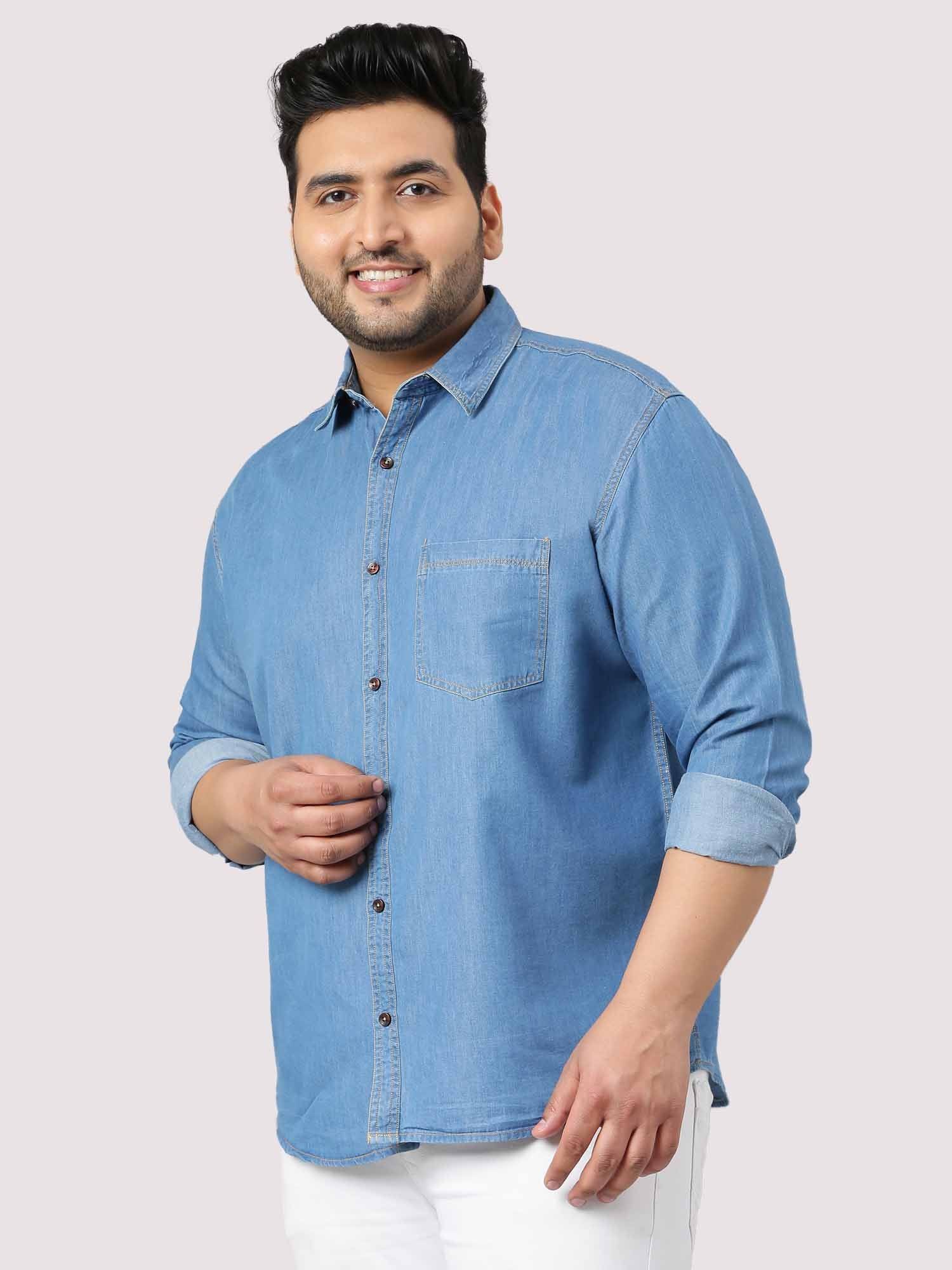 Blue Denim Single Pocket Full Sleeve Shirt Men's Plus Size - Guniaa Fashions