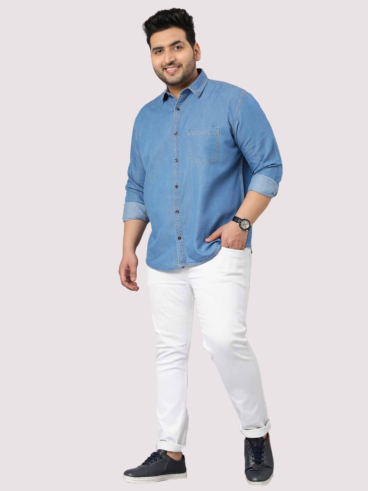 Blue Denim Single Pocket Full Sleeve Shirt Men's Plus Size - Guniaa Fashions