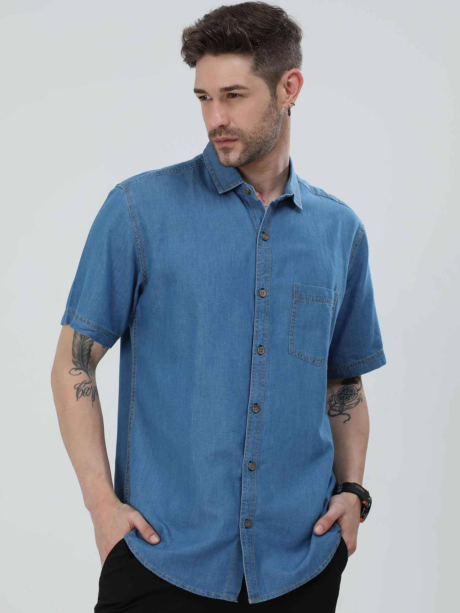 Blue Denim Single Pocket Half Sleeve Shirt - Guniaa Fashions