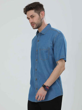 Blue Denim Single Pocket Half Sleeve Shirt - Guniaa Fashions