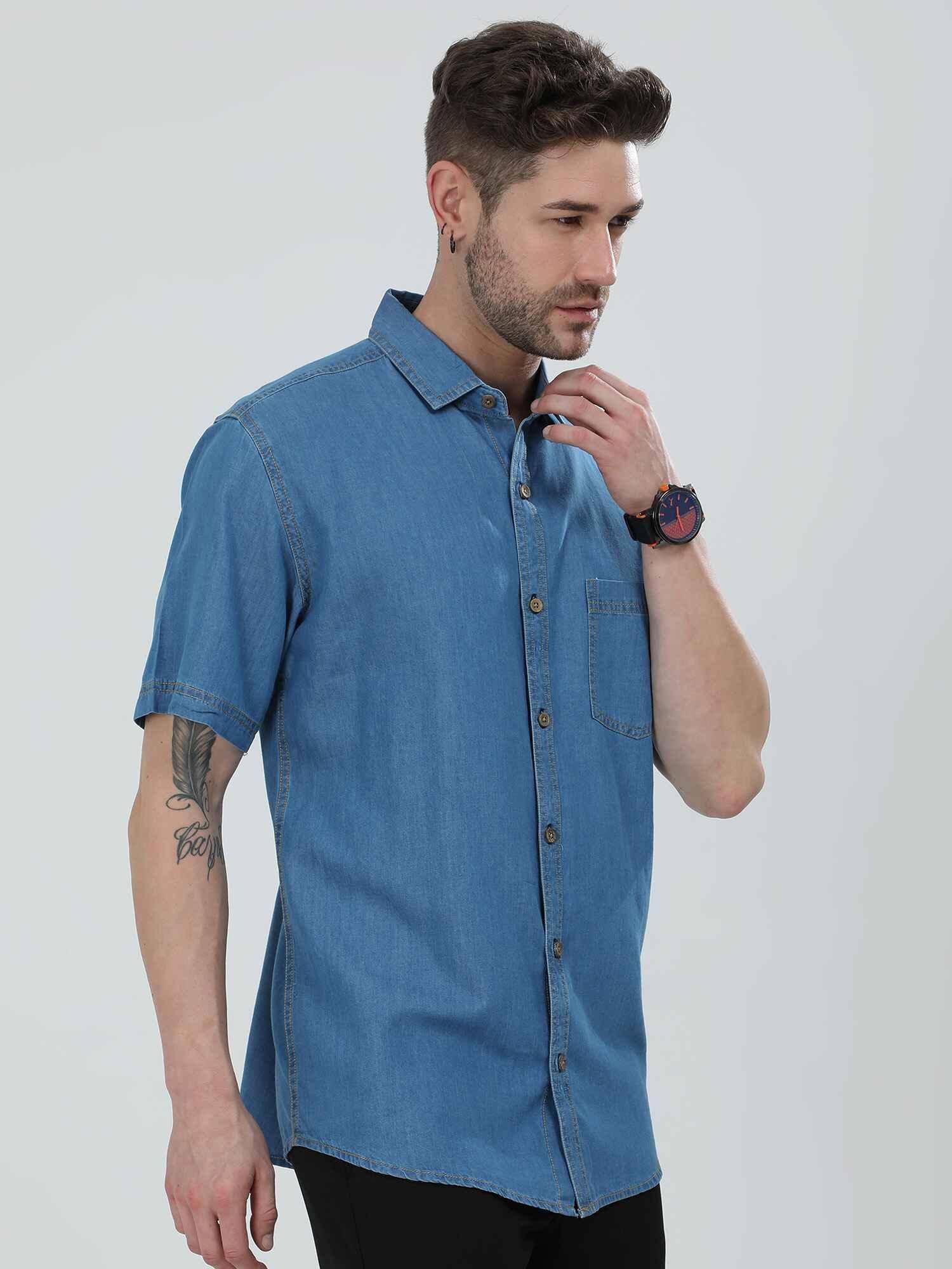 Blue Denim Single Pocket Half Sleeve Shirt - Guniaa Fashions