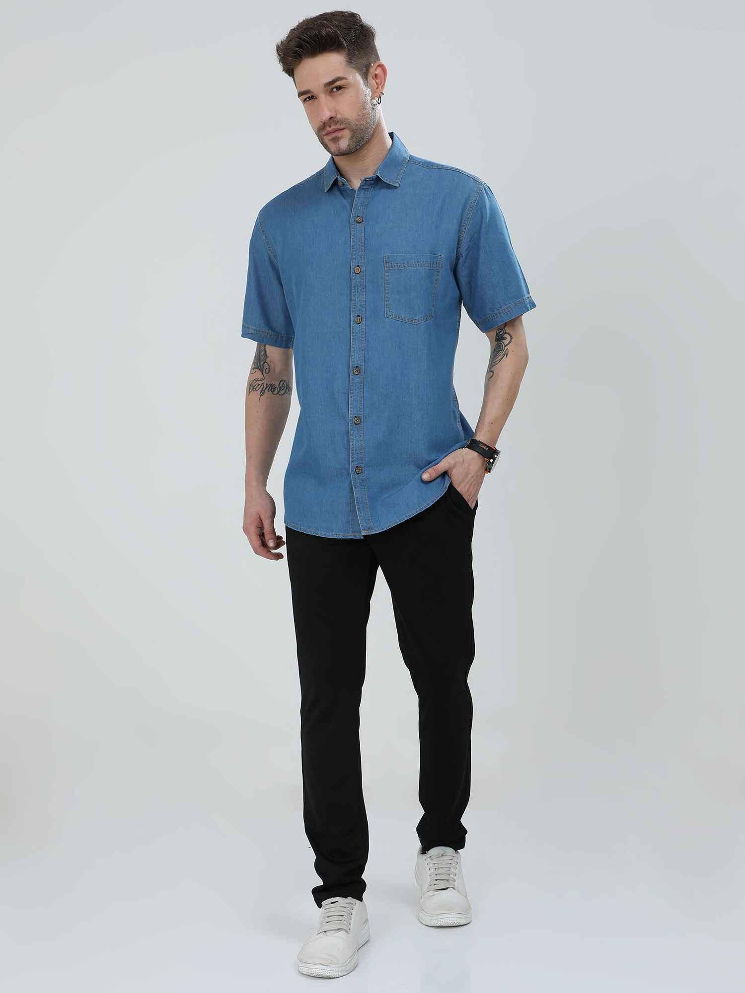 Blue Denim Single Pocket Half Sleeve Shirt - Guniaa Fashions