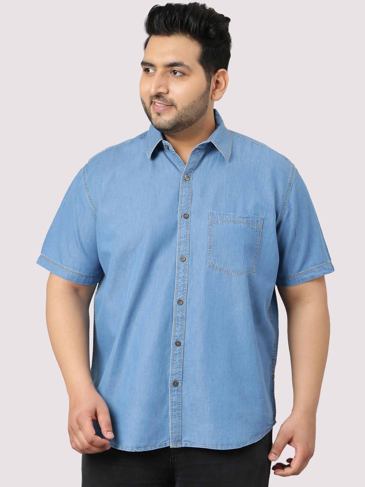 Blue Denim Single Pocket Half Sleeve Shirt Men's Plus Size 3XL