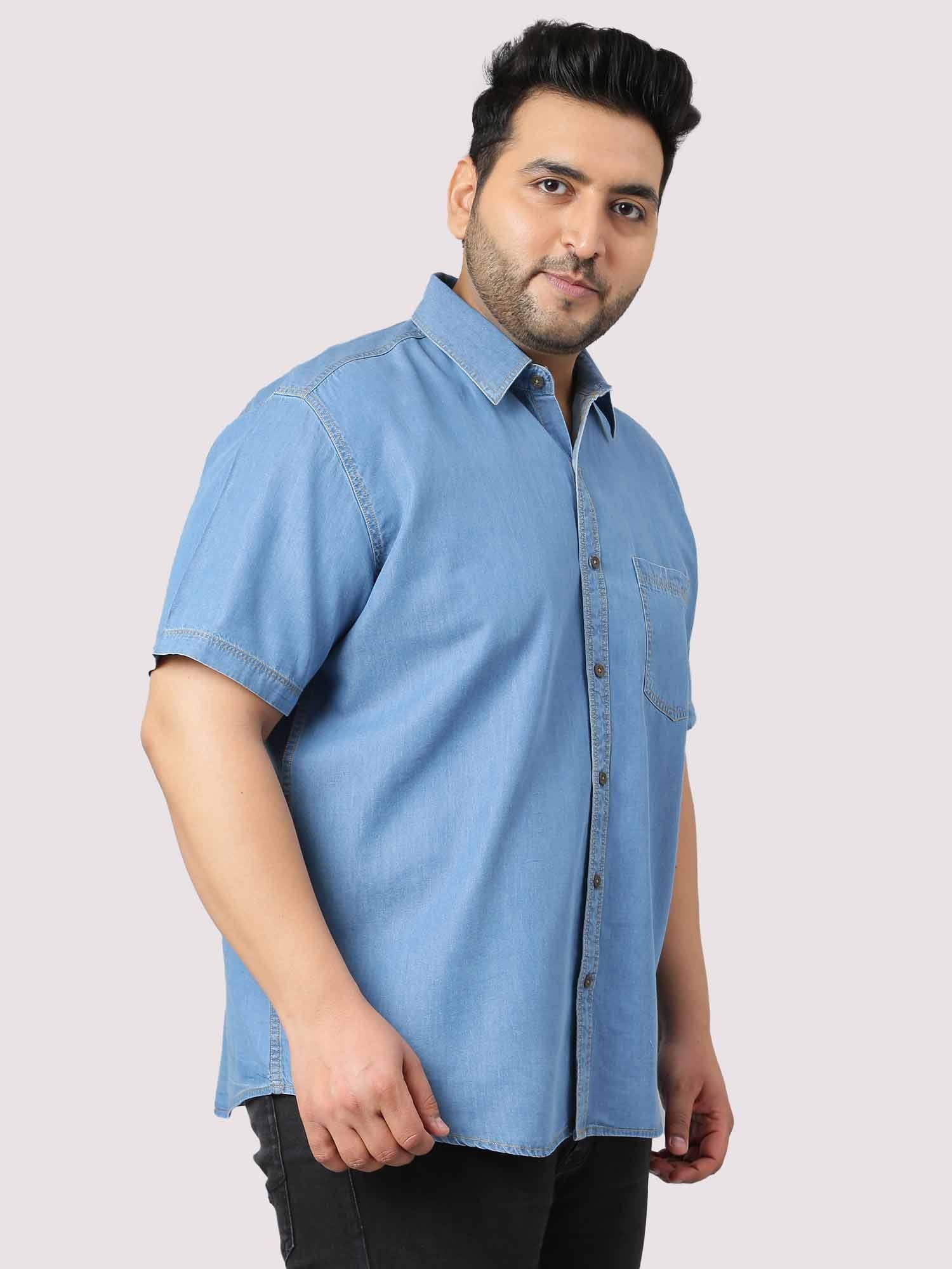 Blue Denim Single Pocket Half Sleeve Shirt Men's Plus Size - Guniaa Fashions