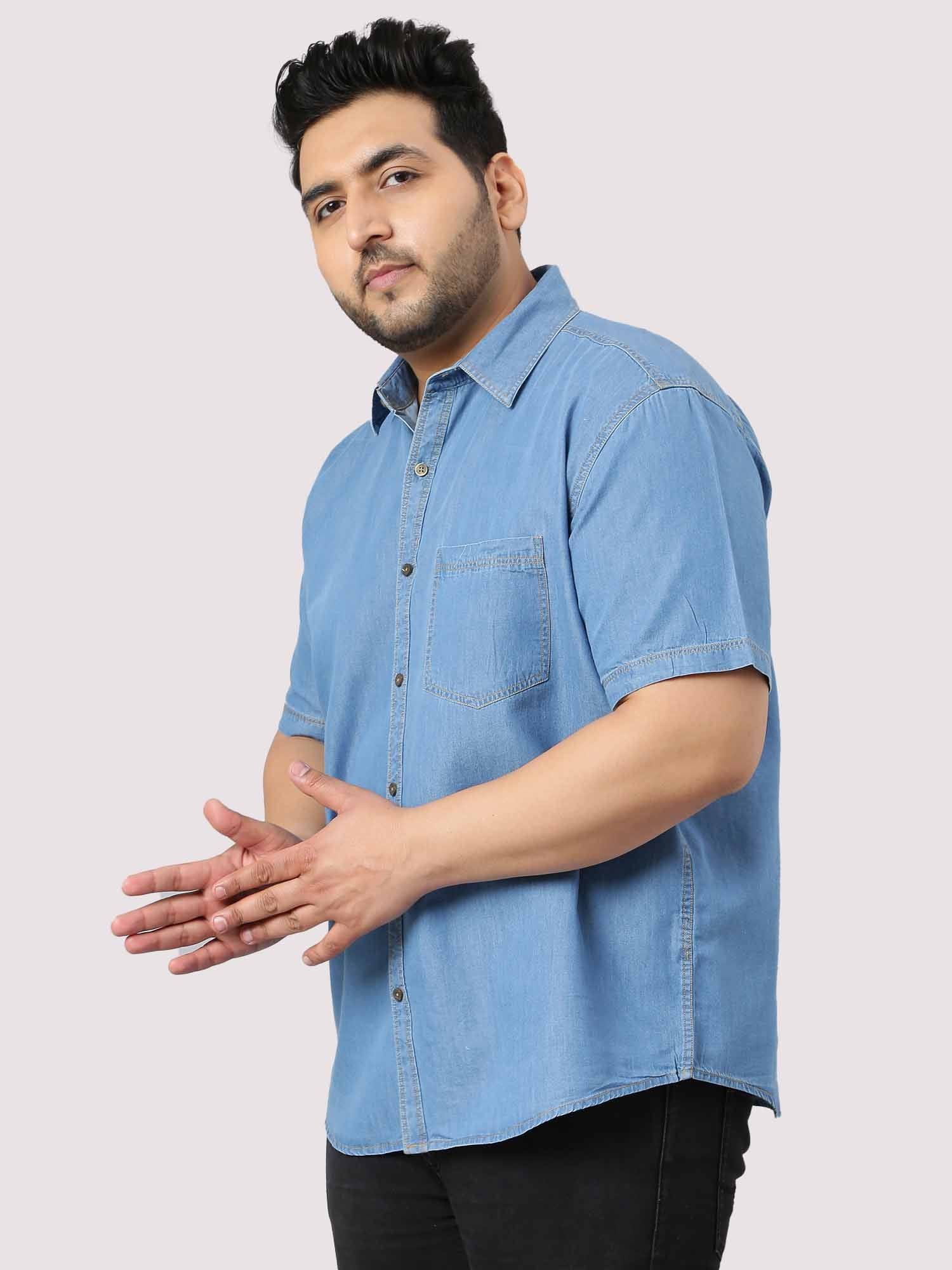 Blue Denim Single Pocket Half Sleeve Shirt Men's Plus Size - Guniaa Fashions