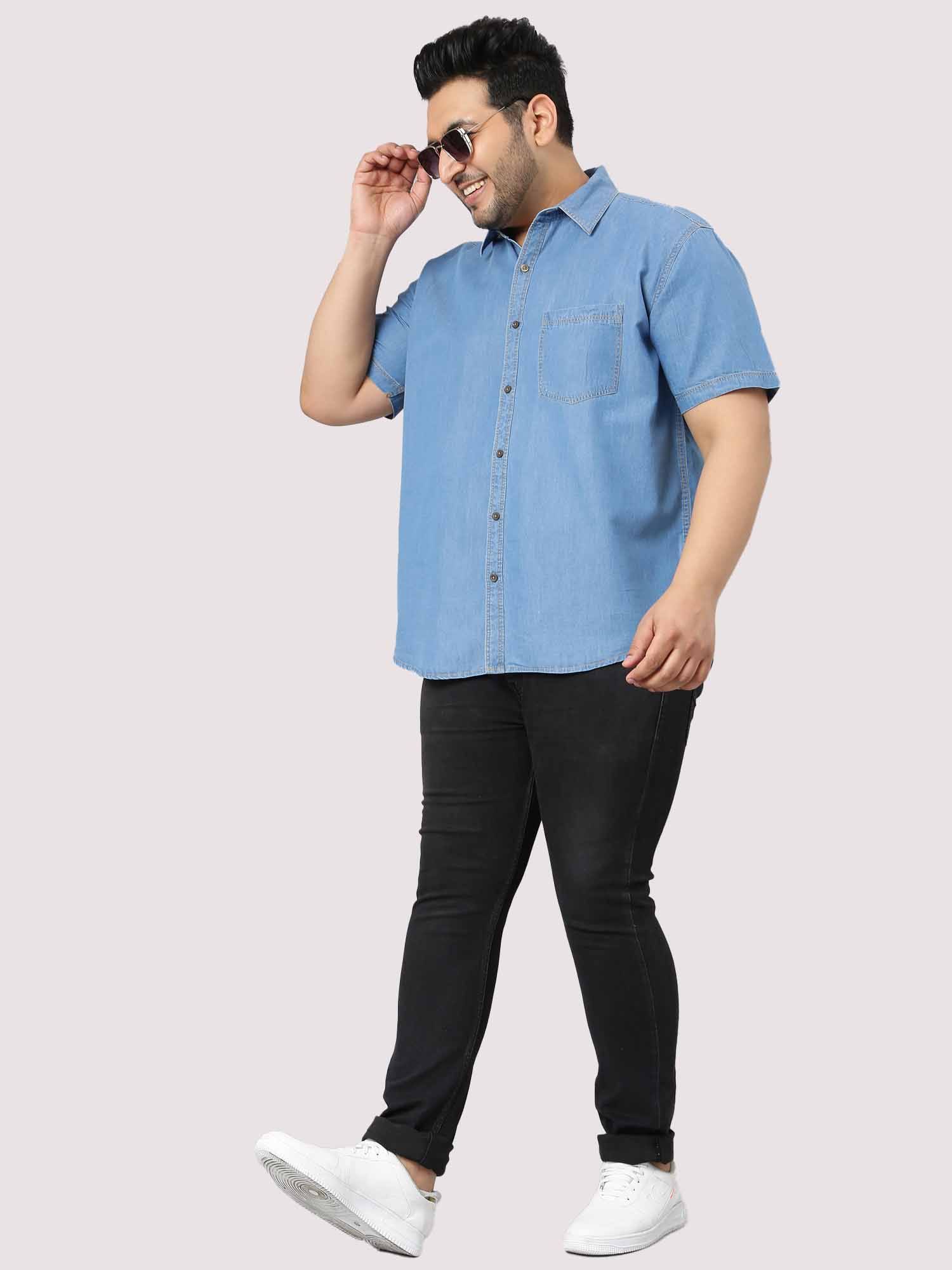 Blue Denim Single Pocket Half Sleeve Shirt Men's Plus Size - Guniaa Fashions