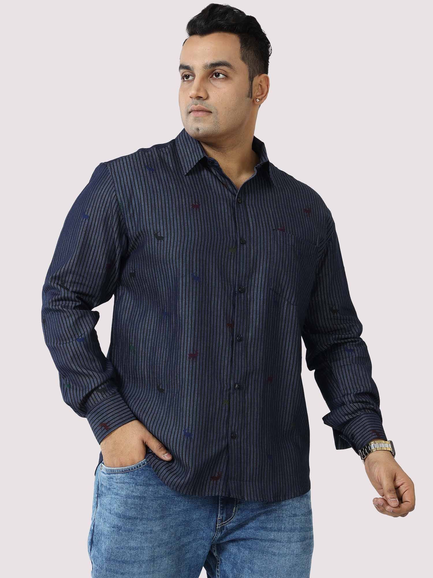 Blue Denim Stripe Printed Full Sleeve Shirt Men's Plus Size - Guniaa Fashions