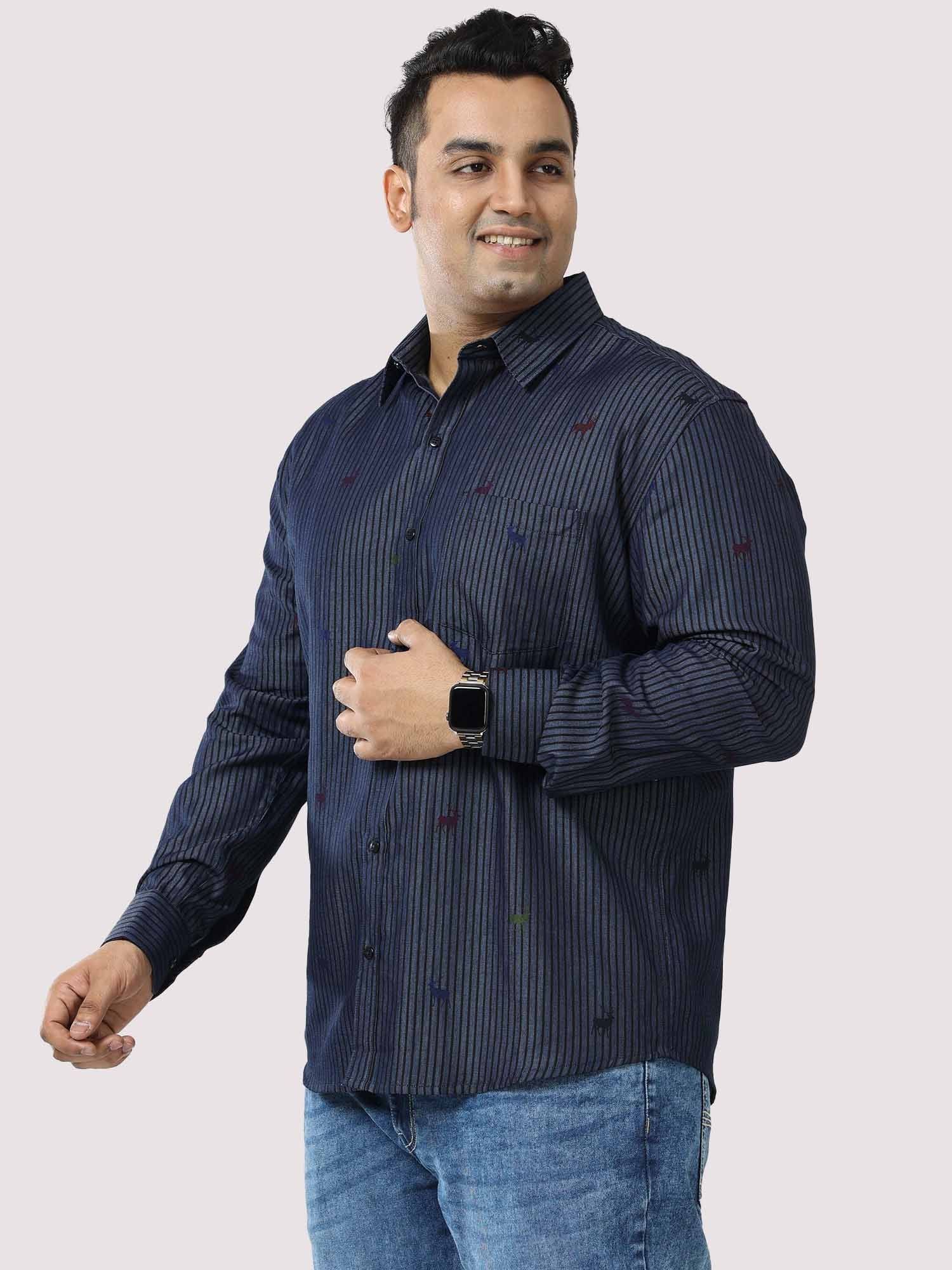 Blue Denim Stripe Printed Full Sleeve Shirt Men's Plus Size - Guniaa Fashions