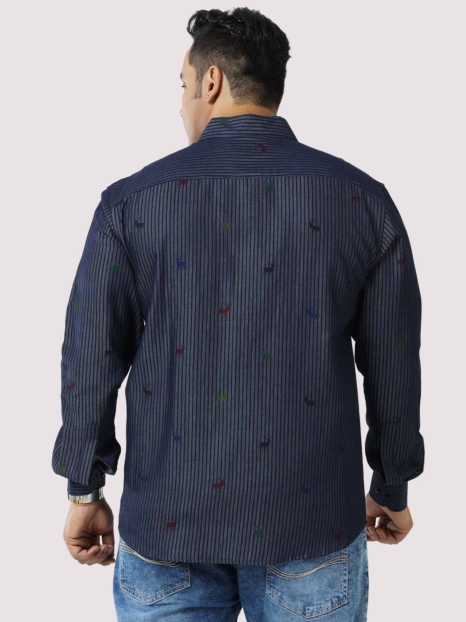 Blue Denim Stripe Printed Full Sleeve Shirt Men's Plus Size - Guniaa Fashions