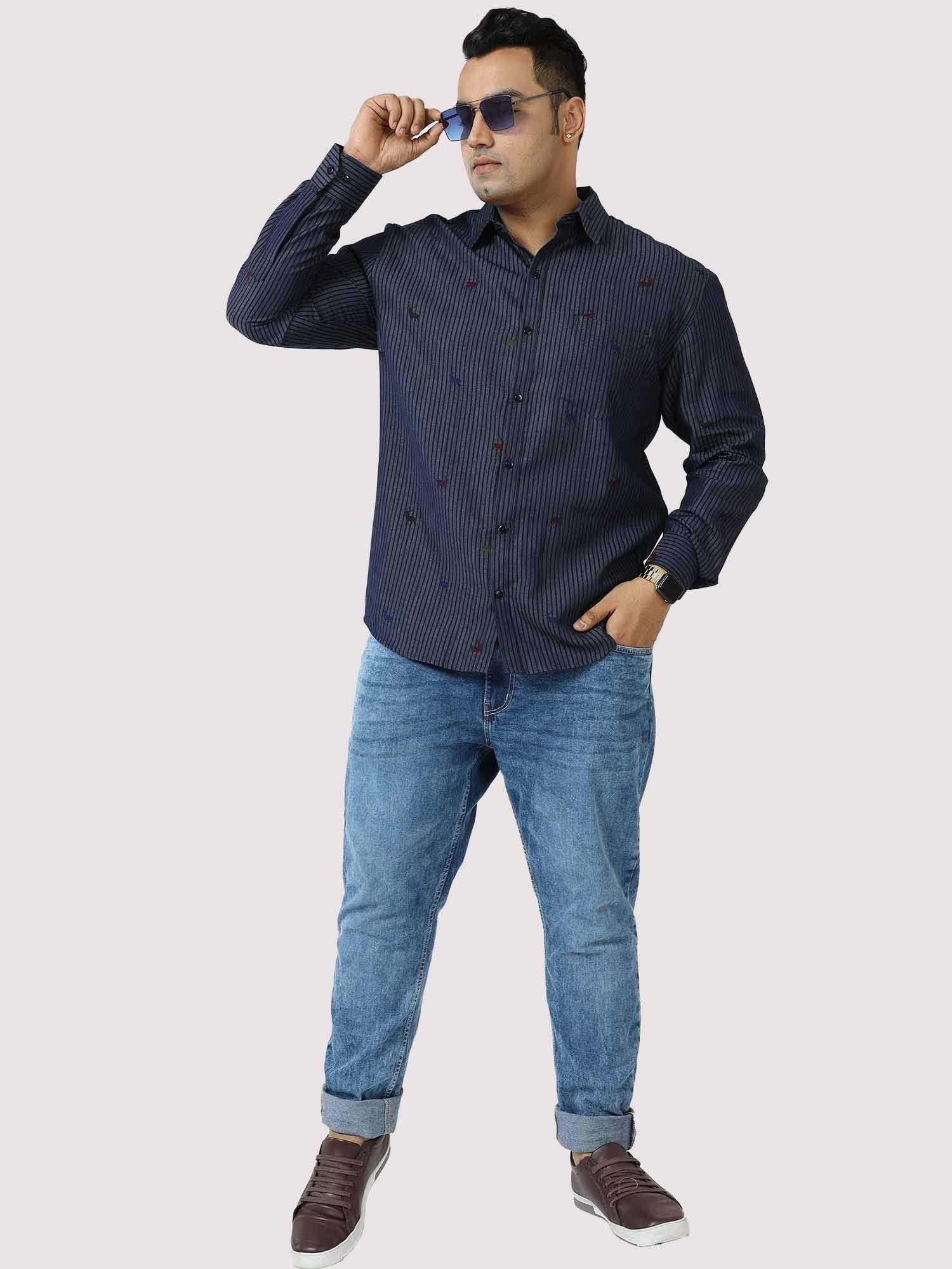 Blue Denim Stripe Printed Full Sleeve Shirt Men's Plus Size - Guniaa Fashions