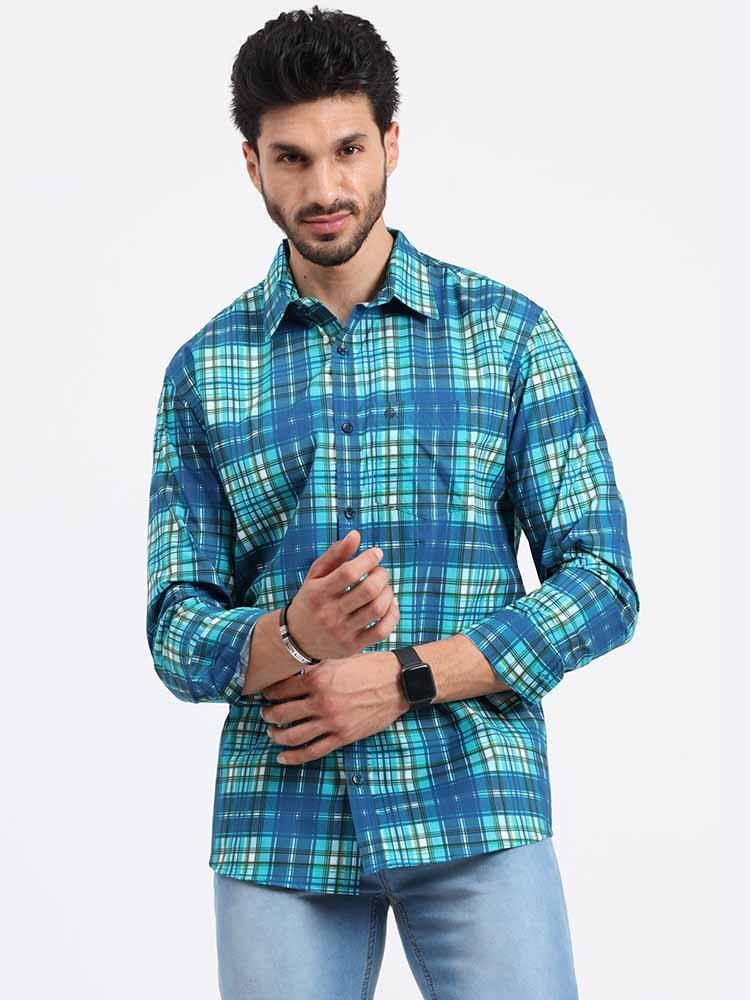 Blue Green Checks Printed Full Sleeve Shirt - Guniaa Fashions