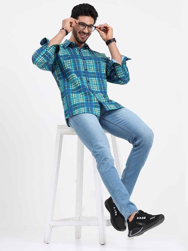 Blue Green Checks Printed Full Sleeve Shirt - Guniaa Fashions