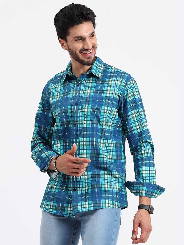 Blue Green Checks Printed Full Sleeve Shirt - Guniaa Fashions