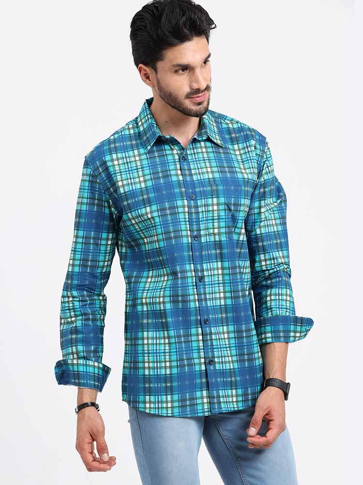 Blue Green Checks Printed Full Sleeve Shirt - Guniaa Fashions