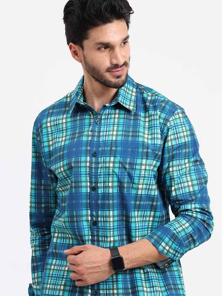 Blue Green Checks Printed Full Sleeve Shirt - Guniaa Fashions