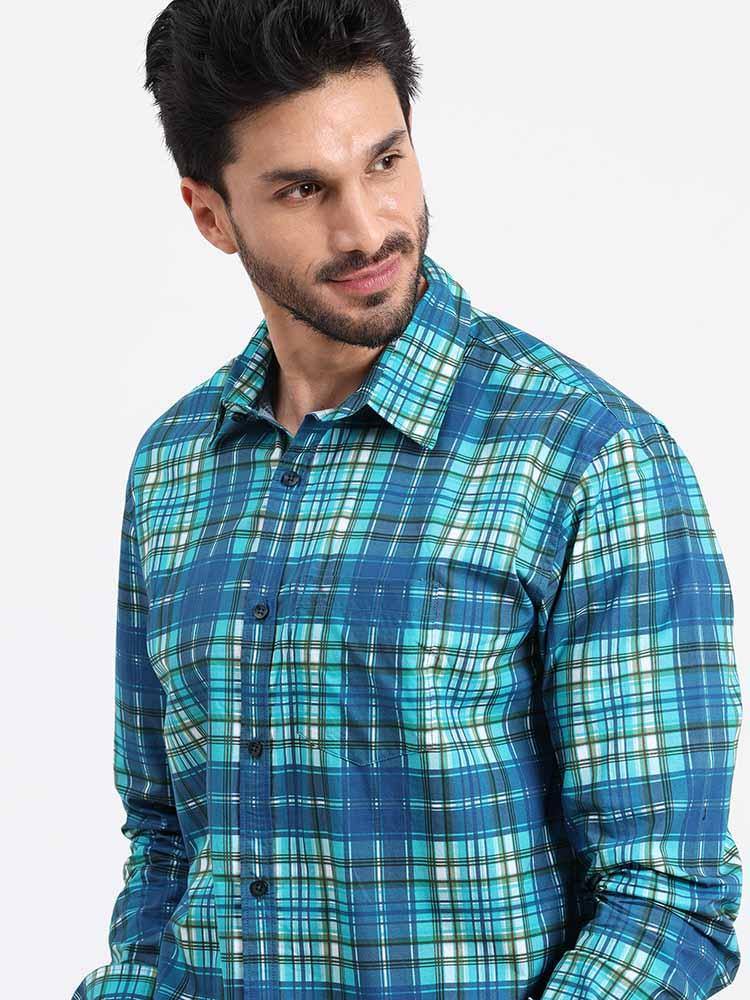 Blue Green Checks Printed Full Sleeve Shirt - Guniaa Fashions