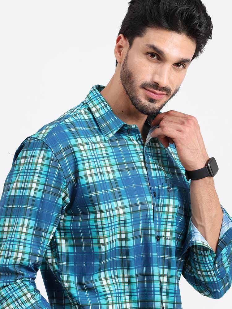 Blue Green Checks Printed Full Sleeve Shirt - Guniaa Fashions