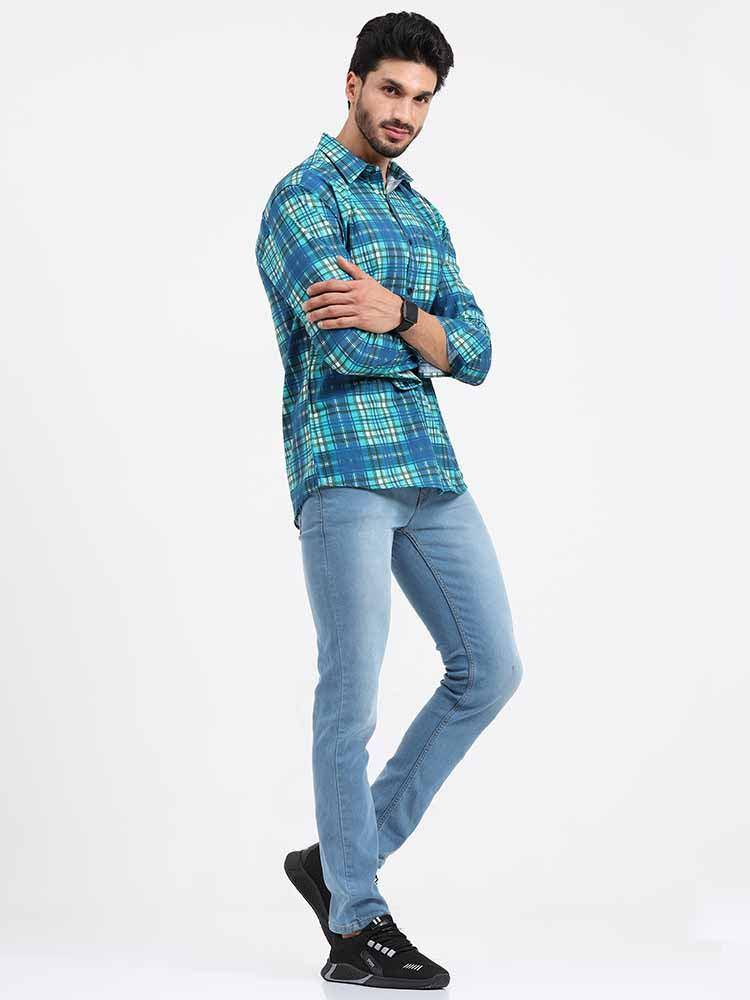 Blue Green Checks Printed Full Sleeve Shirt - Guniaa Fashions