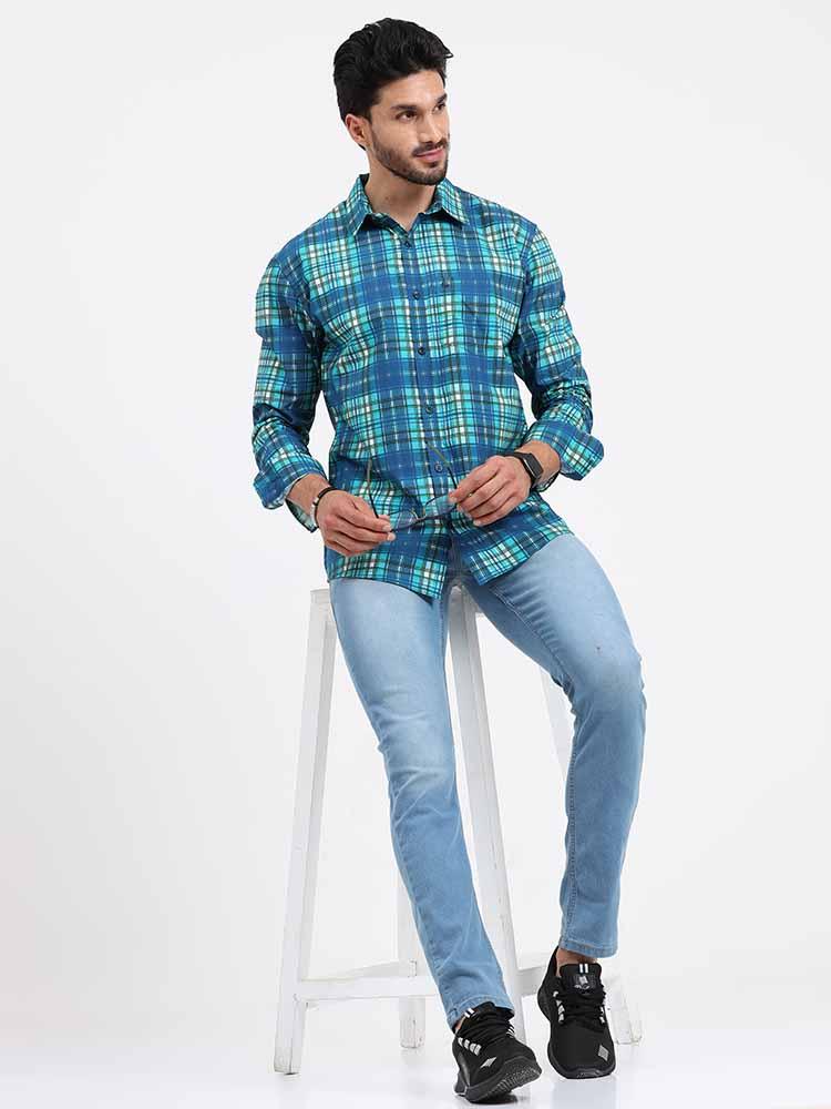 Blue Green Checks Printed Full Sleeve Shirt - Guniaa Fashions