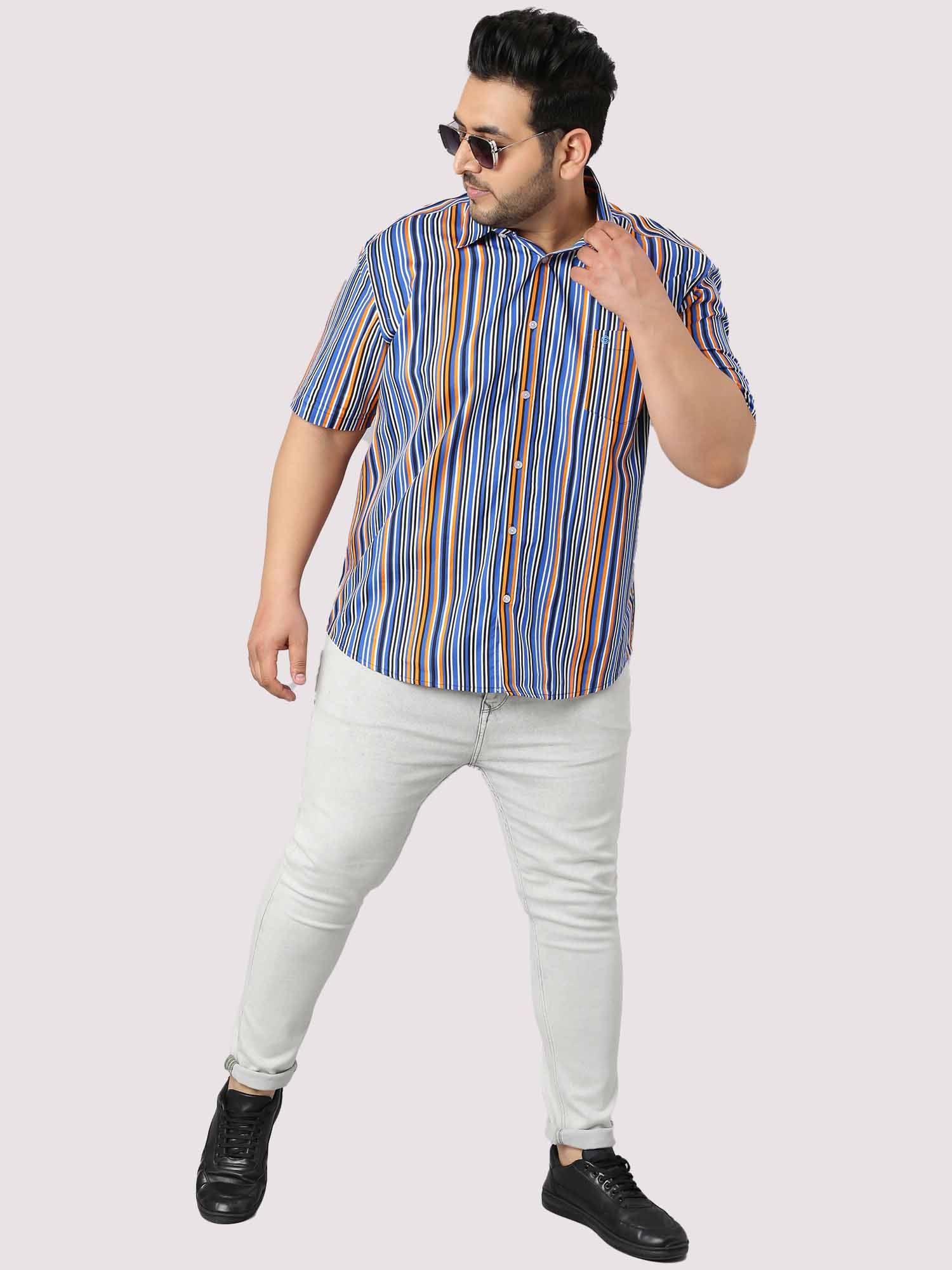 Blue Orange Sports Stripe Shirt Men's Plus Size - Guniaa Fashions