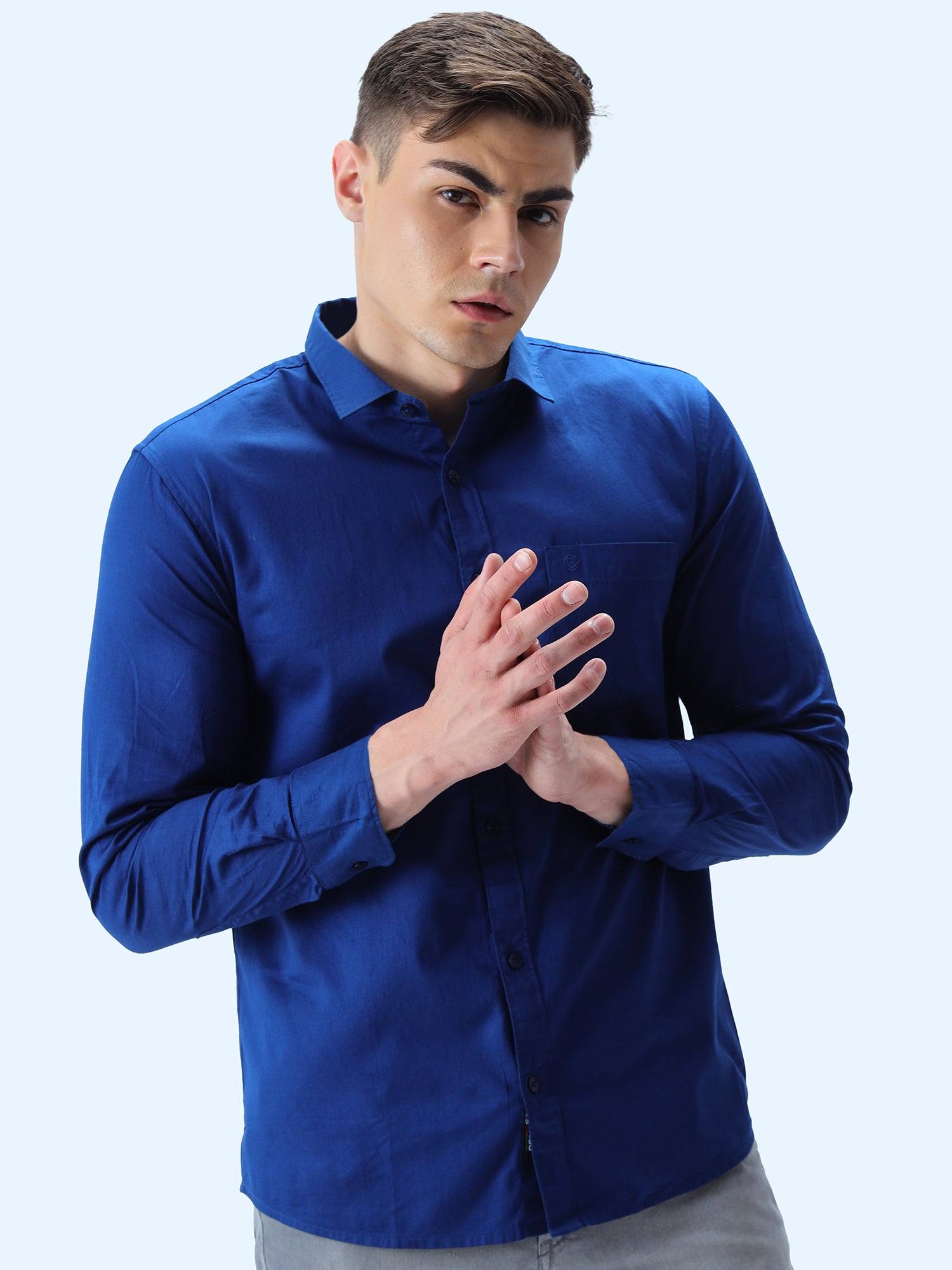 Blue Solid Cotton Full Sleeve Shirt - Guniaa Fashions