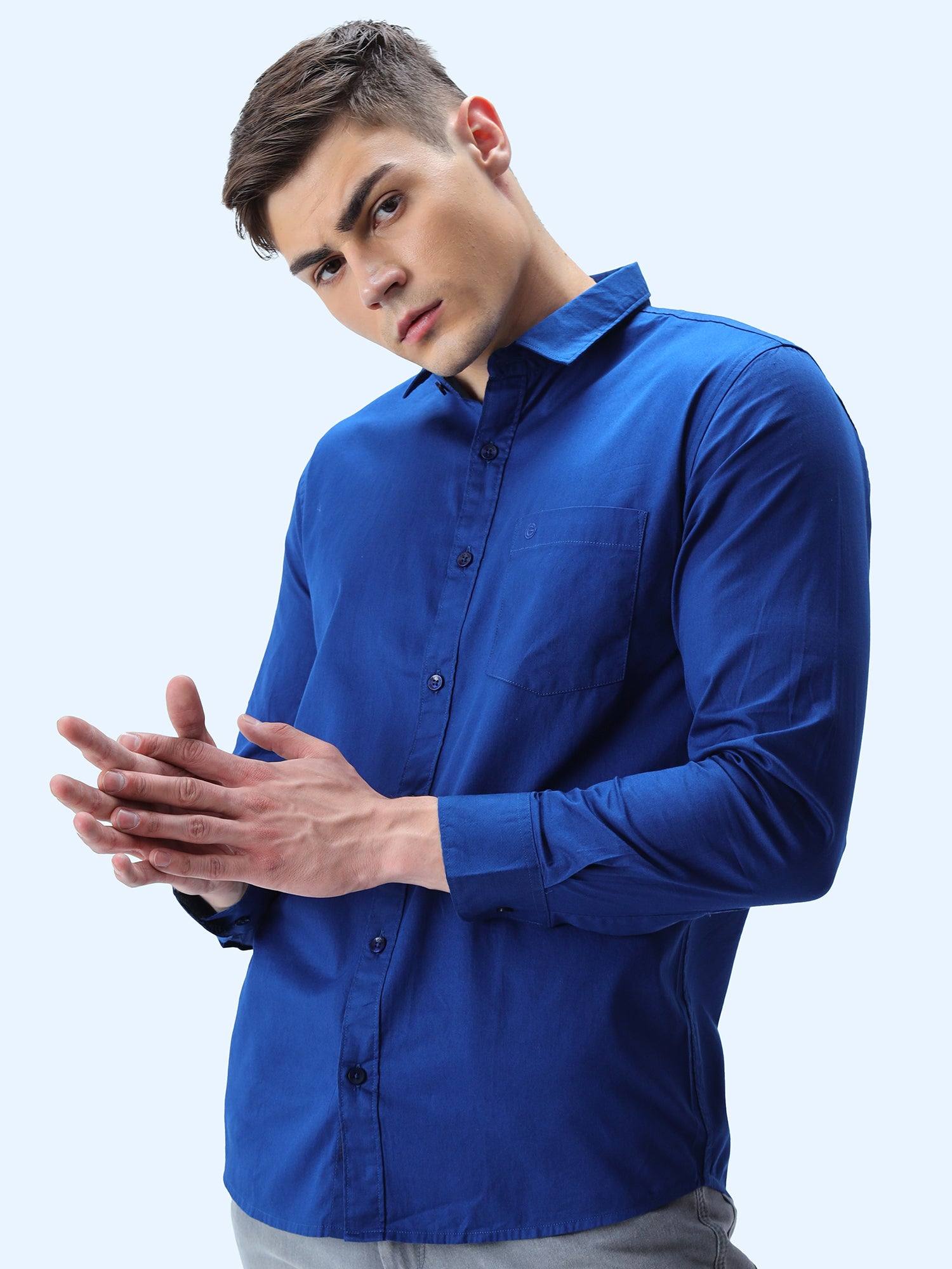 Blue Solid Cotton Full Sleeve Shirt - Guniaa Fashions