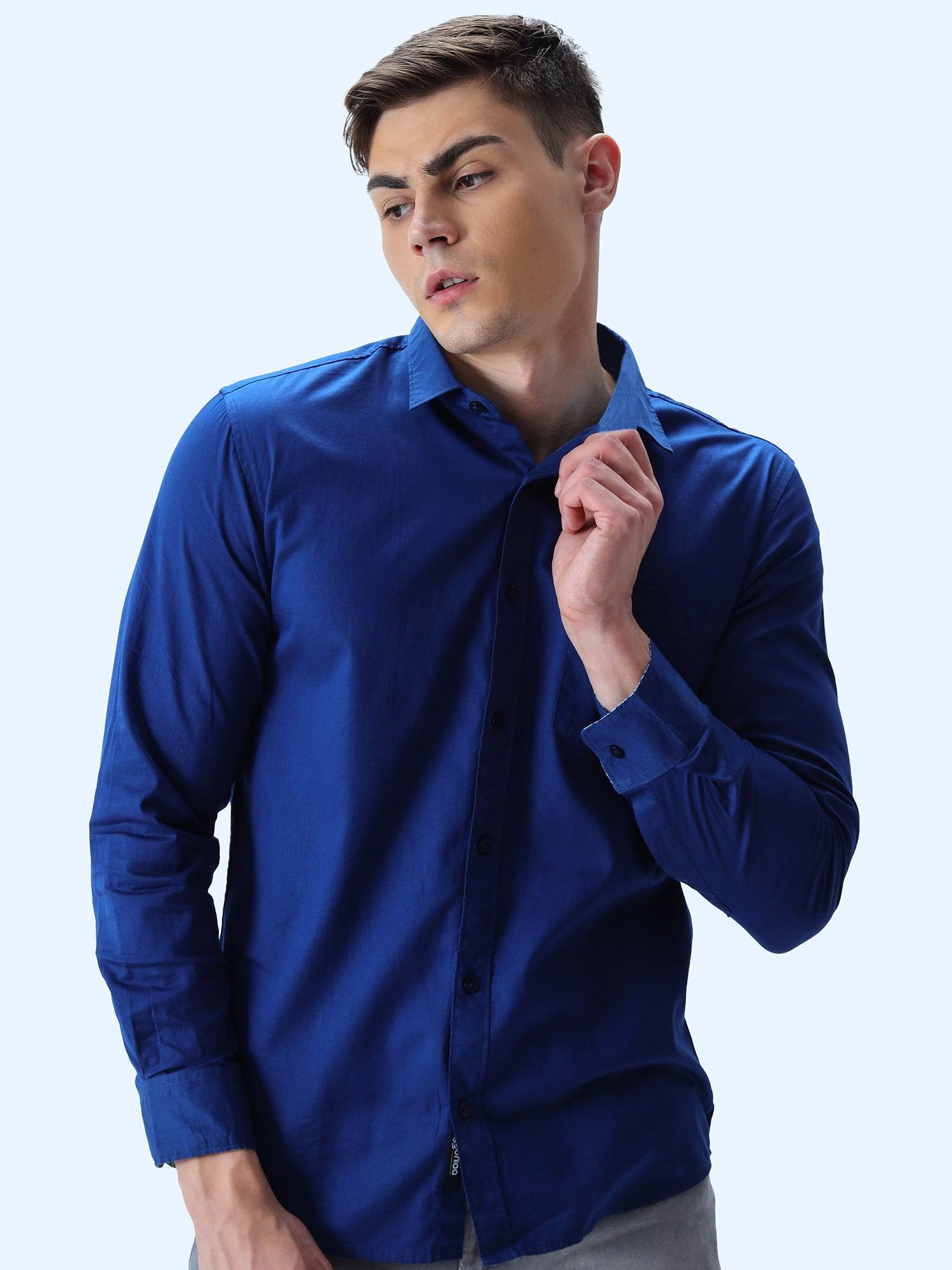 Blue Solid Cotton Full Sleeve Shirt - Guniaa Fashions